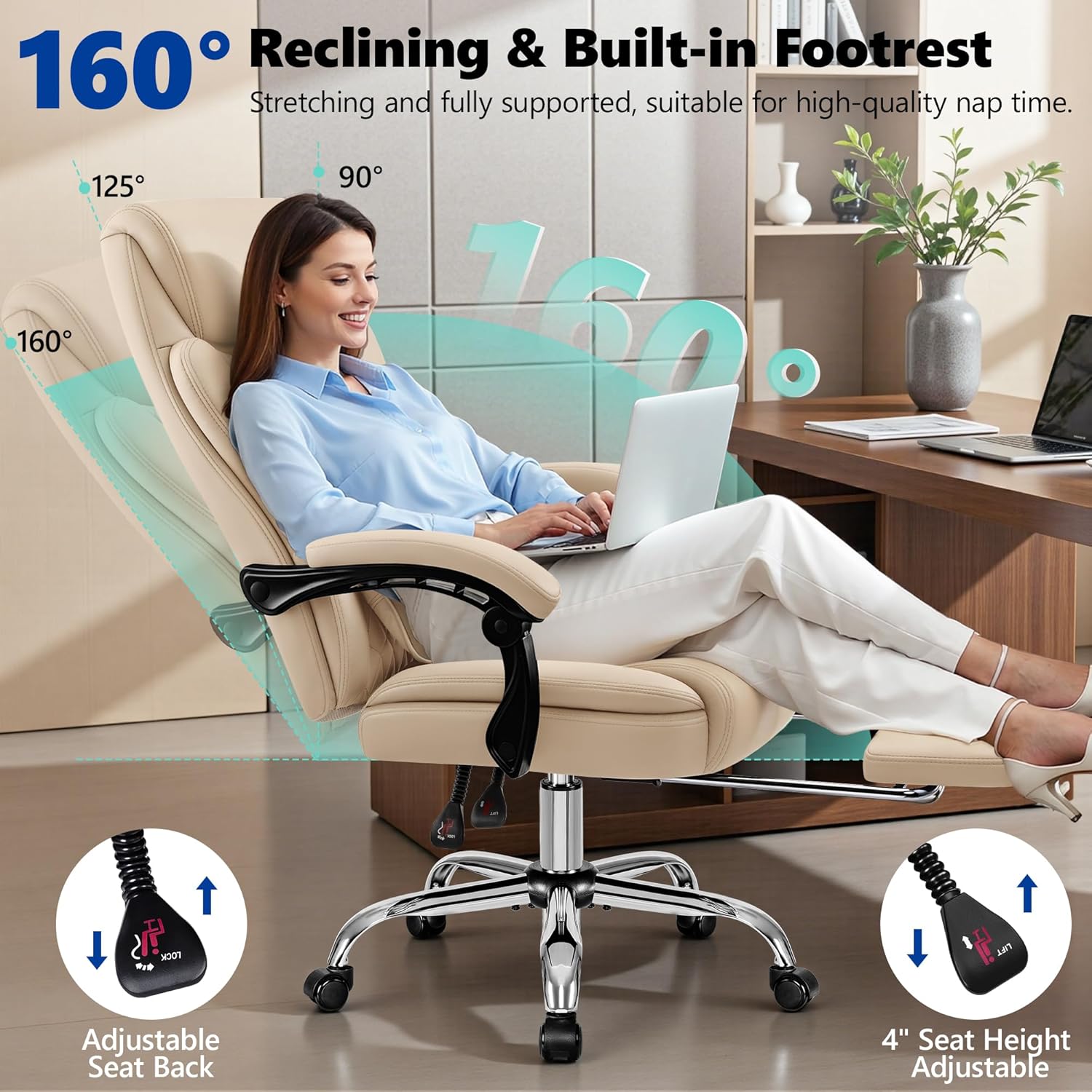400lbs Reclining Executive Office Chair with Foot Rest, Big and Tall Ergonomic Office Chair, Home Office Desk Chairs for Heavy People (Khaki)