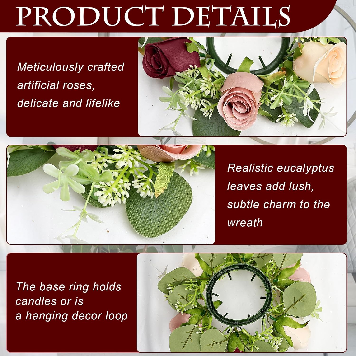 6 Sets Rose Candle Rings Wreaths - Artificial Flowers Rings with Green Leaves LED Flameless Candles for Centerpiece Wedding Home Banquet Party Decor, Burgundy Pink Champagne