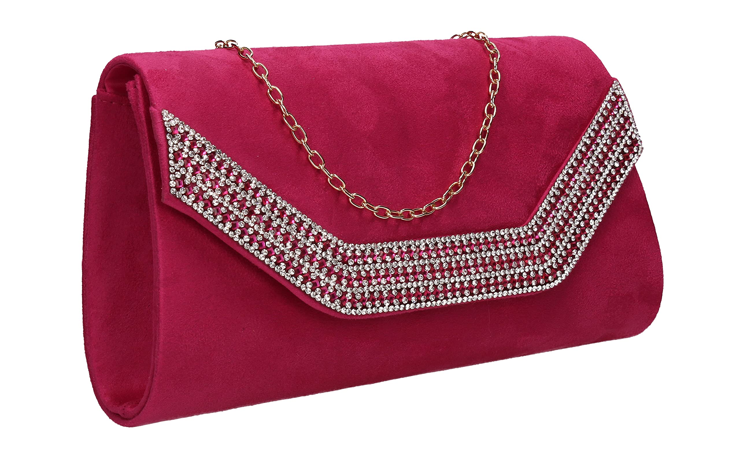 SwankySwans Harper Diamante Faux Suede Womens Ladies Clutch Bag Fuschia