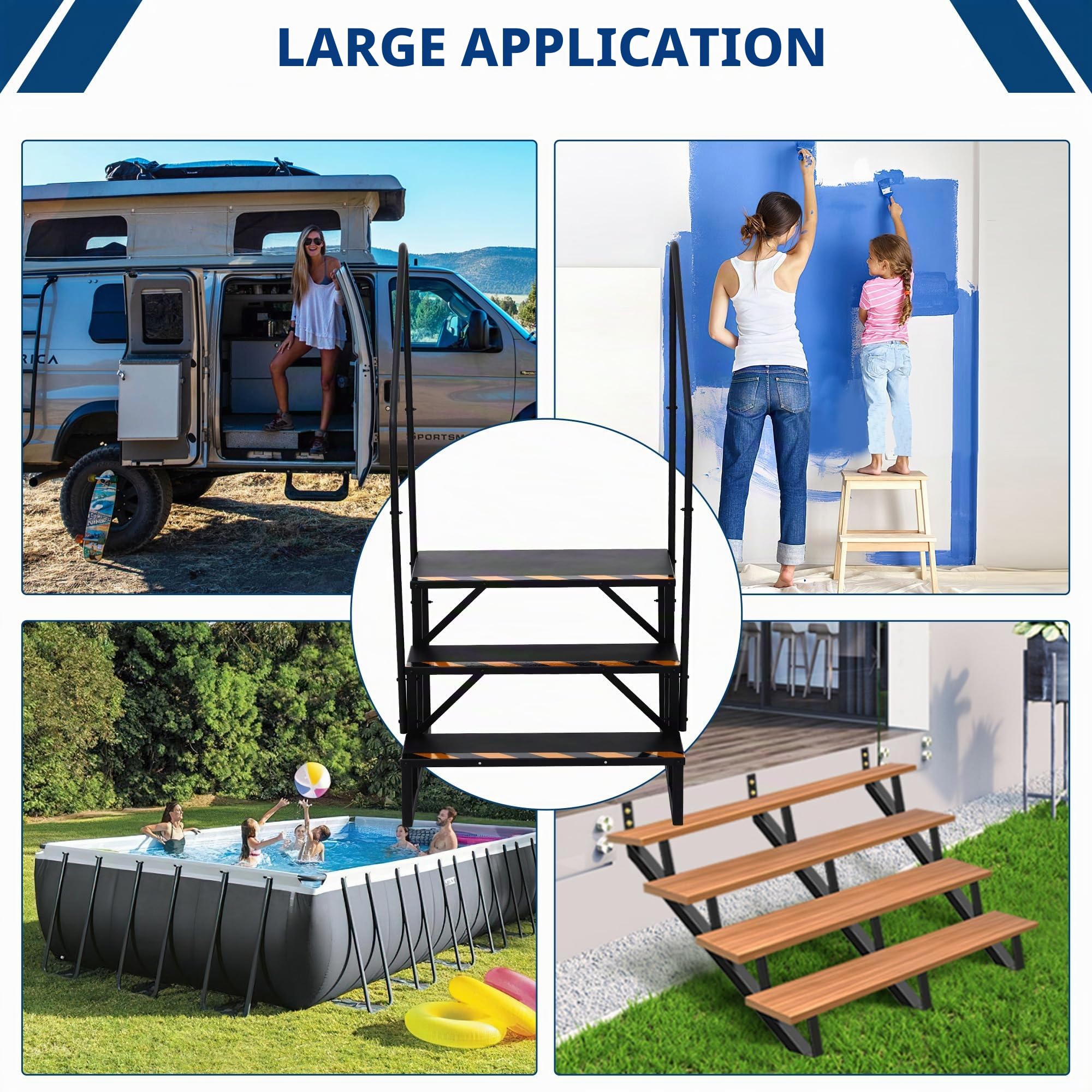 Marchepied extensionérieur pour Camping-Car, 3 marches bilatérales avec Main Courante – antidérapant, Robuste, supporte jusqu'à 300 kg, idéal Caravane, remorque, Spa, Porche, lit Haut –