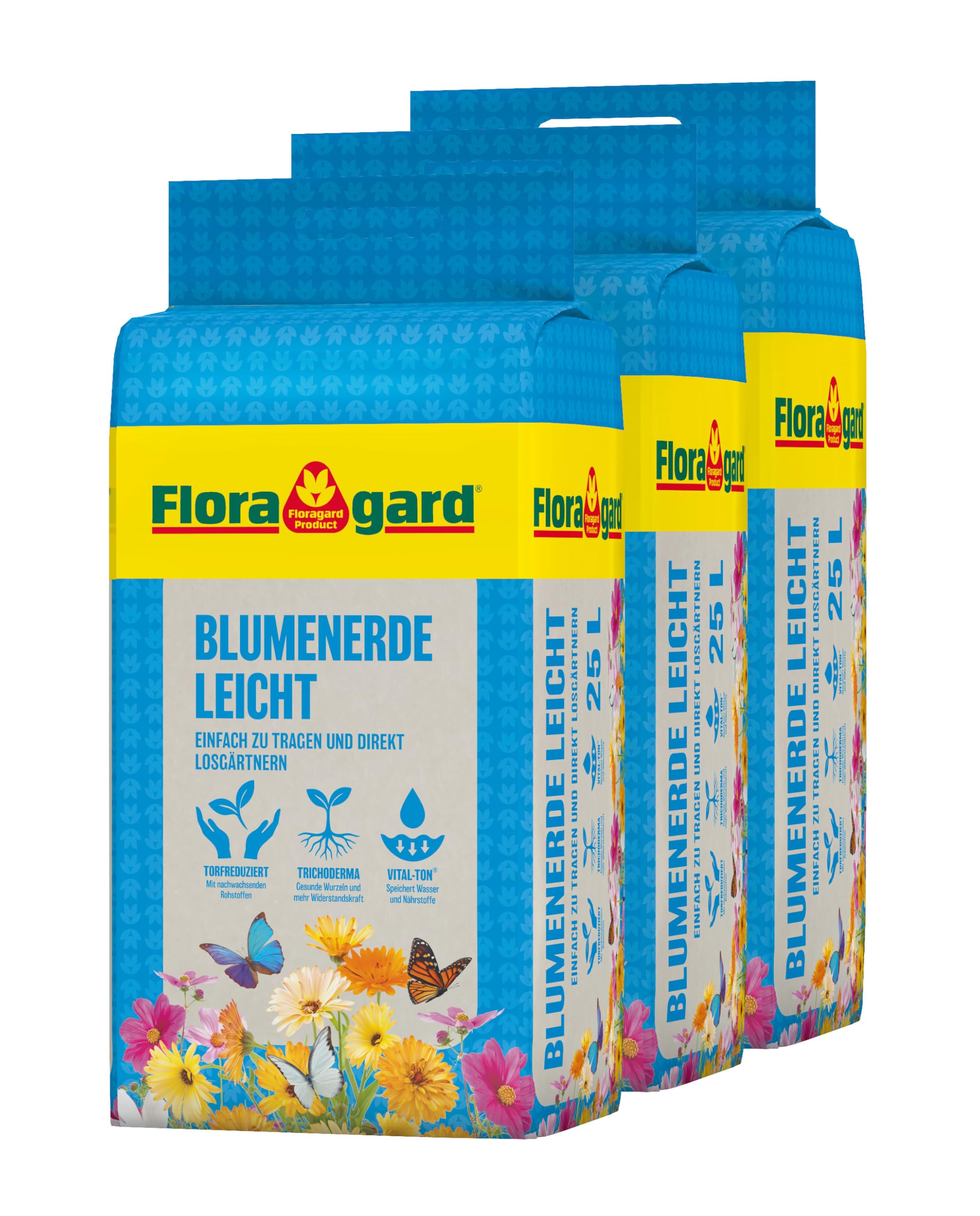 Floragard Blumenerde Leicht 75 L (3×25 L) – vielseitige Universalerde mit Langzeitdünger für Zimmer-, Balkon- & Kübelpflanzen – fördert kräftiges Wachstum & sorgt für eine optimale Wurzelentwicklung