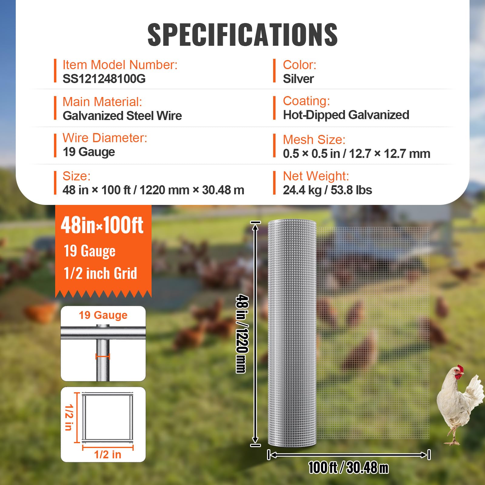 VEVOR Grillage métallique soudé 122cm x 30,48 m rouleau treillis métallique galvanisé à chaud maillage 12,7 x 12,7 mm clôture en fil de poule calibre, jardin, petits rongeurs