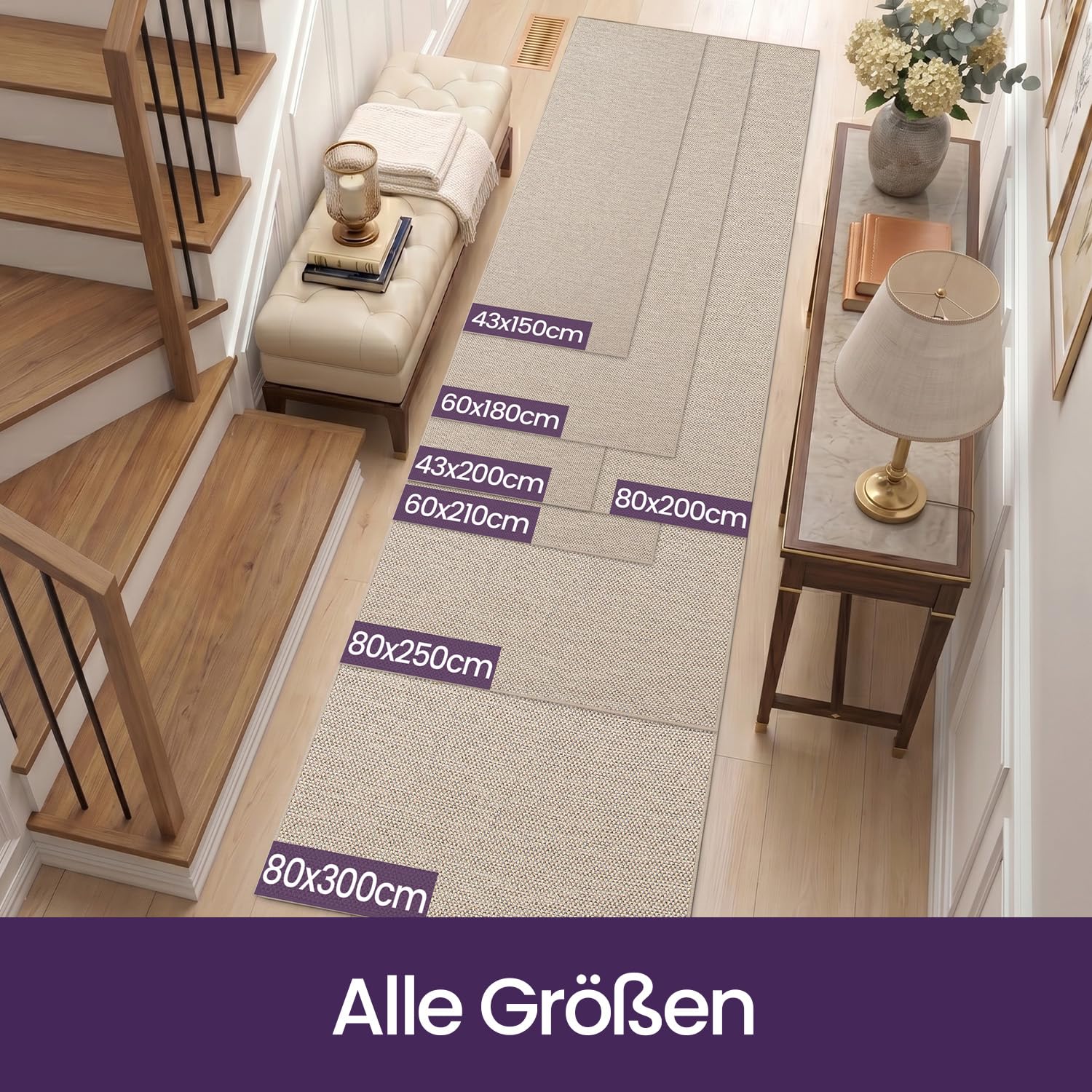 DEXI Teppich Läufer 80 x 250 cm, rutschfest, Absorbierend, Beige | Polyester, Gummirücken, Flur, Küche, Waschküche, Eingangsbereich