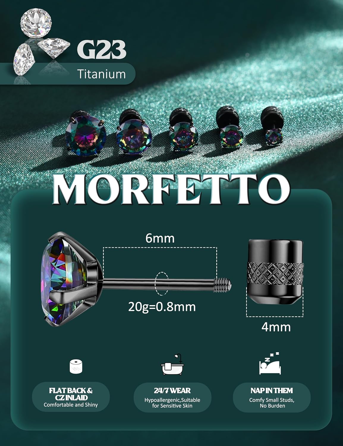 Hypoallergenic G23 Implant Grade Titanium Screw Back Earrings 20G Pure Titanium for Sensitive Ears 5A CZ Earring Studs Sleeper for Women Men Double Side Earrings Piercing image 2