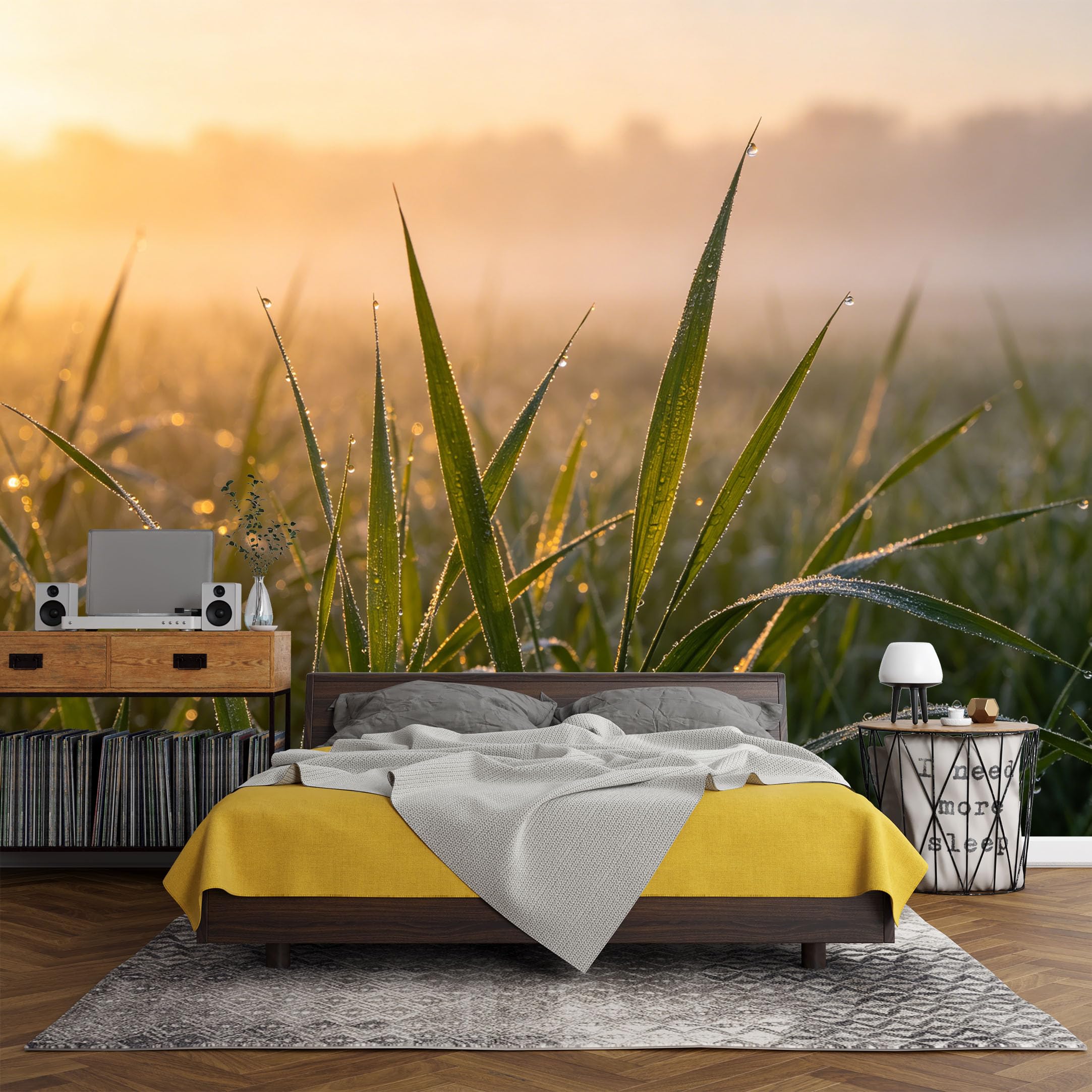 Custom Size Wall Mural， Botanical Morning Dew Grasses Field Sunrise Landscape，SelfAdhesive Art Prints wall Fabric(No PVC) Removable Wallpaper Living Room Decor
