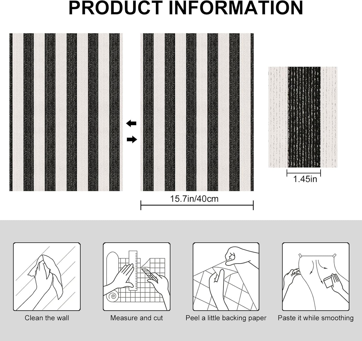 Striped Black and White Wallpaper Peel and Stick Boho Silver Stripe Textured Contact Paper A Set of 15.7"x472" Self Adhesive Removable Waterproof Wallpaper for Bedroom,Cabinets,Drawer Liners