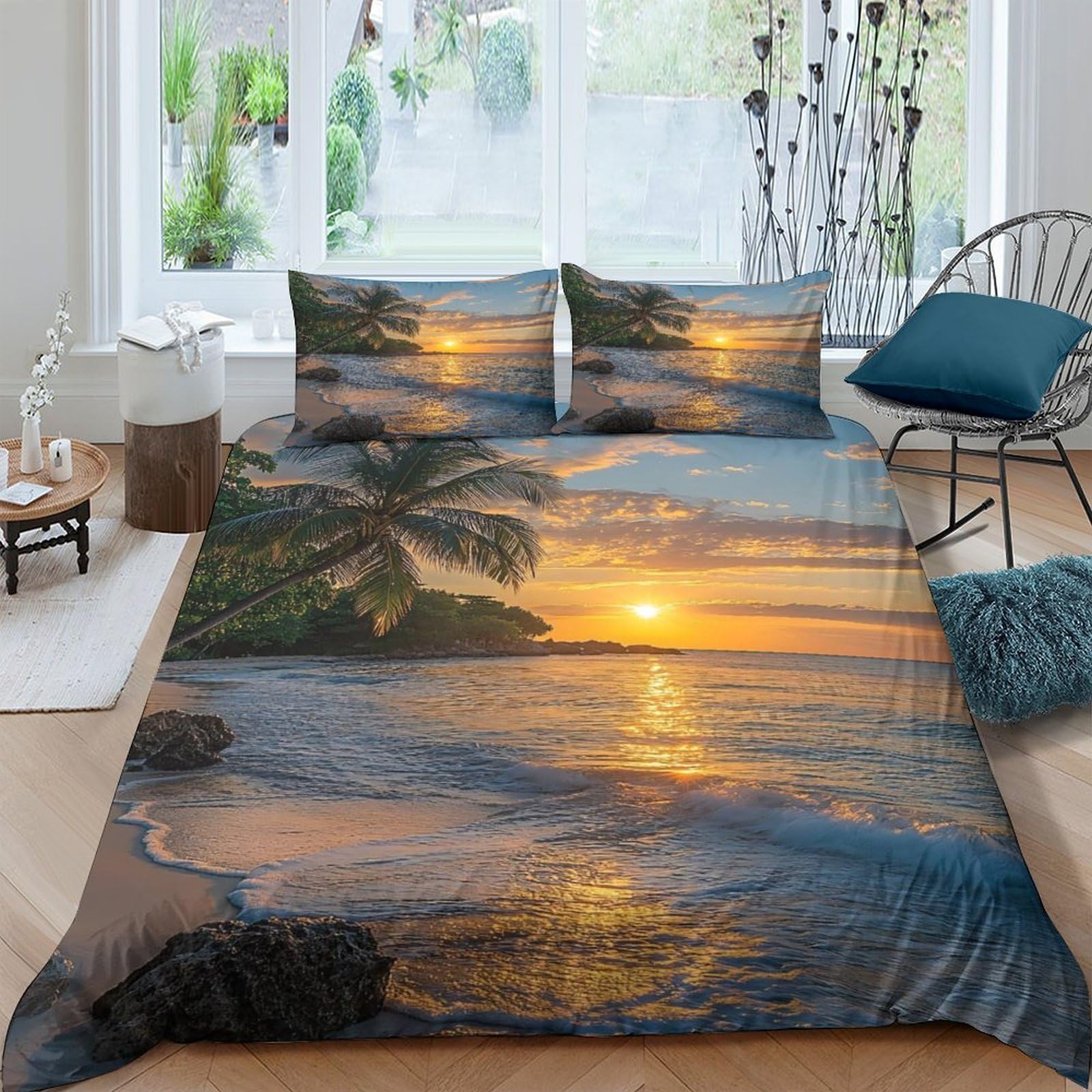 Ctjqhvkz Style-5 3D Printed Sunset Beach Fitted Sheet Microfiber Soft Palm Tree Mattress Cover For Bedroom Decor Easy Care Single（135X200cm）