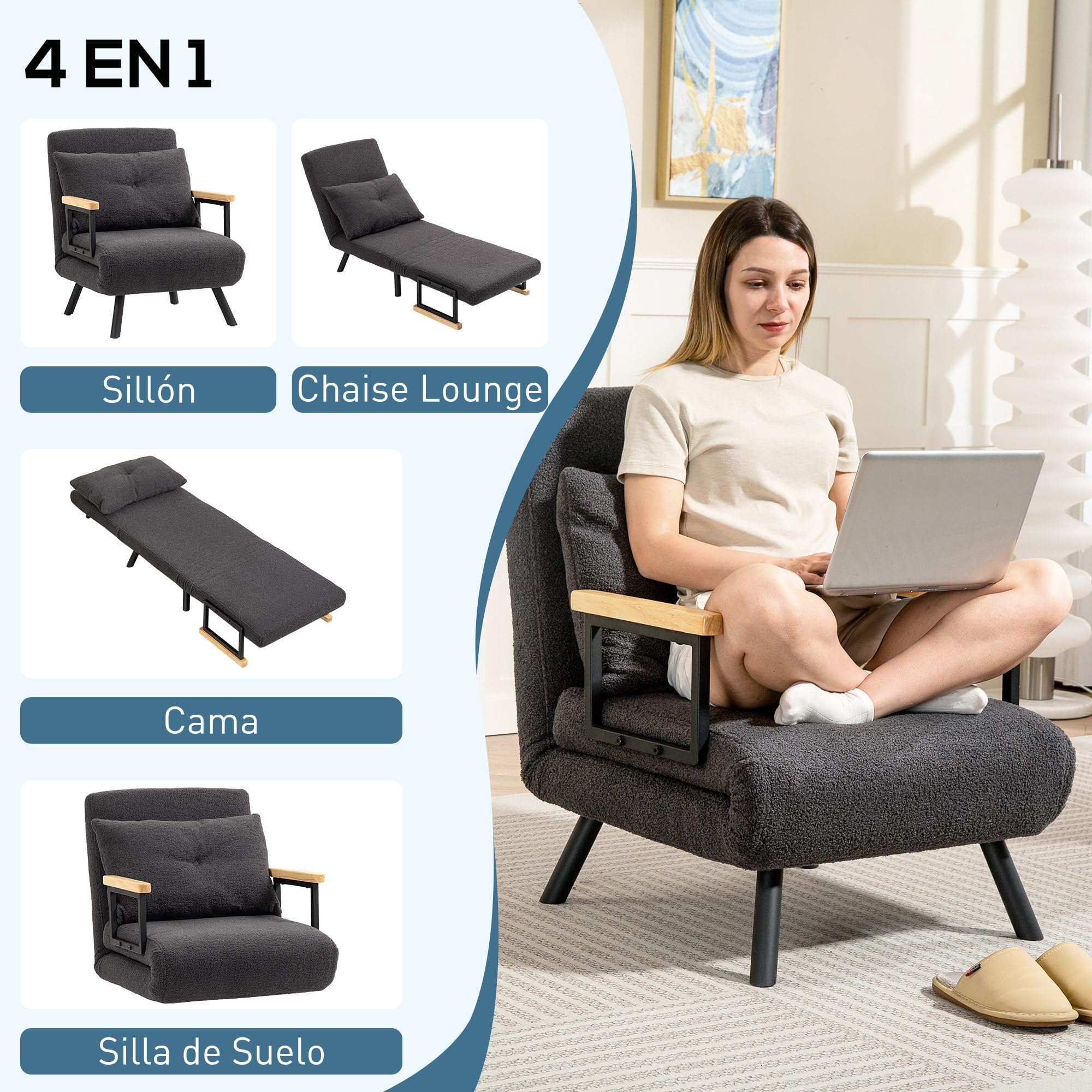 HOMCOM Sofá Cama de 1 Plaza Sofá Cama Plegable Tapizado en Borreguito con Respaldo Ajustable de 5 Niveles y Almohada Acolchada para Oficina Dormitorio Salón 63x73x81 cm Gris Oscuro