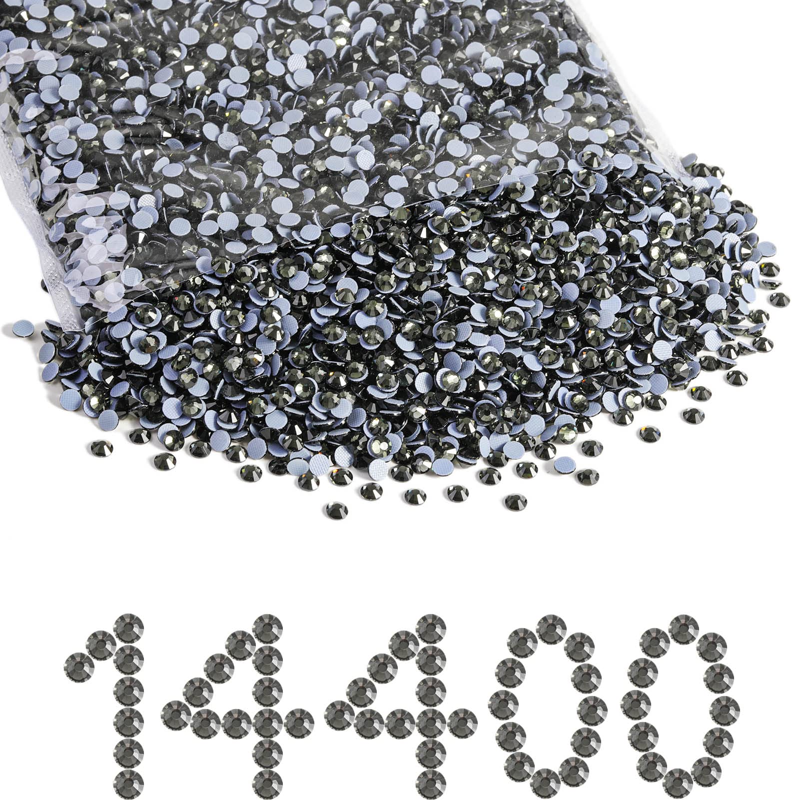 Beadsland Hotfix Rhinestones Bulk,14400PCS Gray Hot Fix Rhinestones for Crafts Clothes DIY Decoration,Black Diamond,SS6,1.9-2.1mm