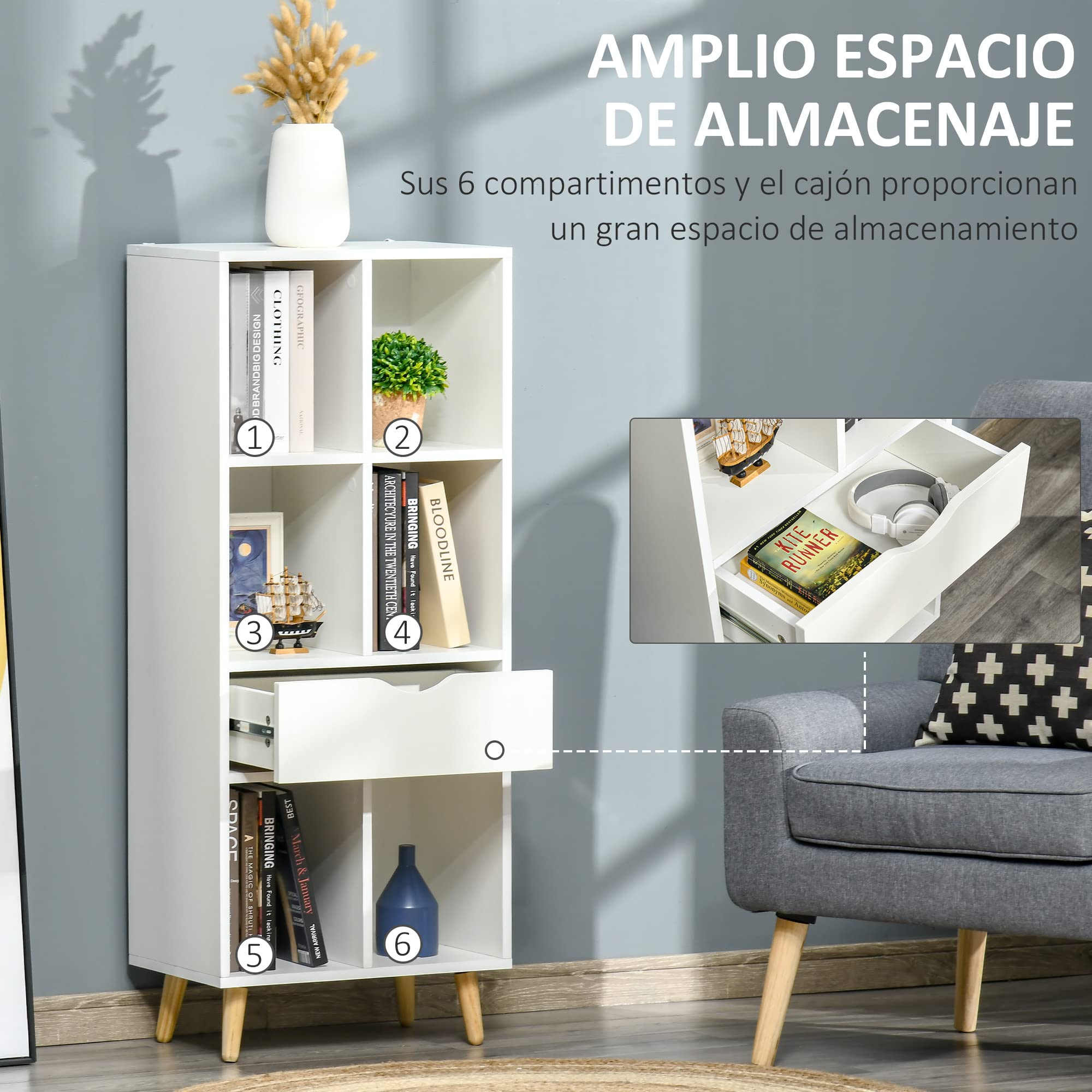 HOMCOM Librería Estantería para Libros con 1 Cajón 50x29,5x120 cm Blanco | Patas de Madera, 6 Compartimentos Abiertos, Almacenaje Plantas Archivos, para Salón Dormitorio Oficina