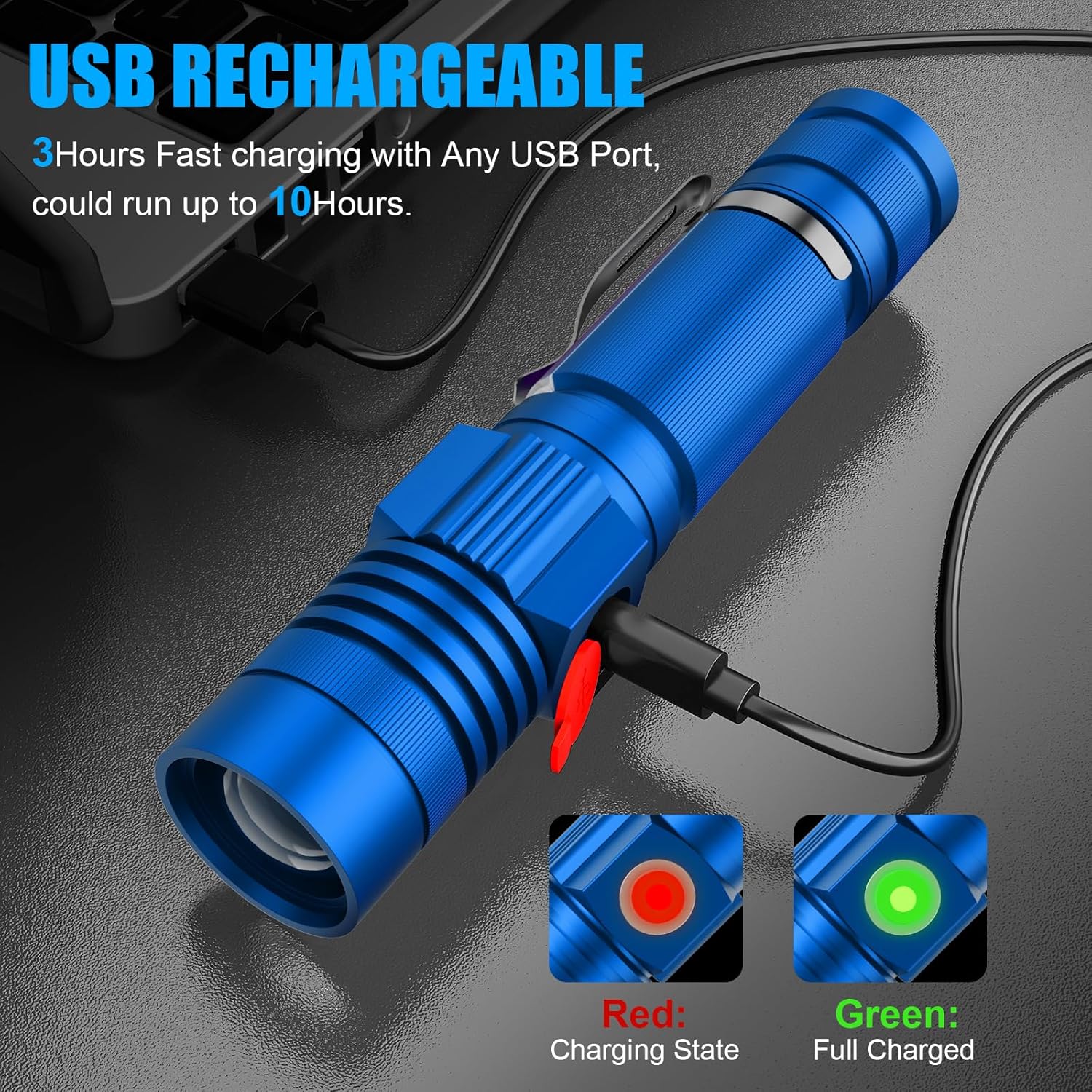 Hoxida Flashlight USB Rechargeable, Magnetic LED Flashlight, Super Bright LED Tactical Flashlight with Cob Sidelight, Waterproof, Zoomable Best Small LED Flashlight for Camping, Emergency - Blue