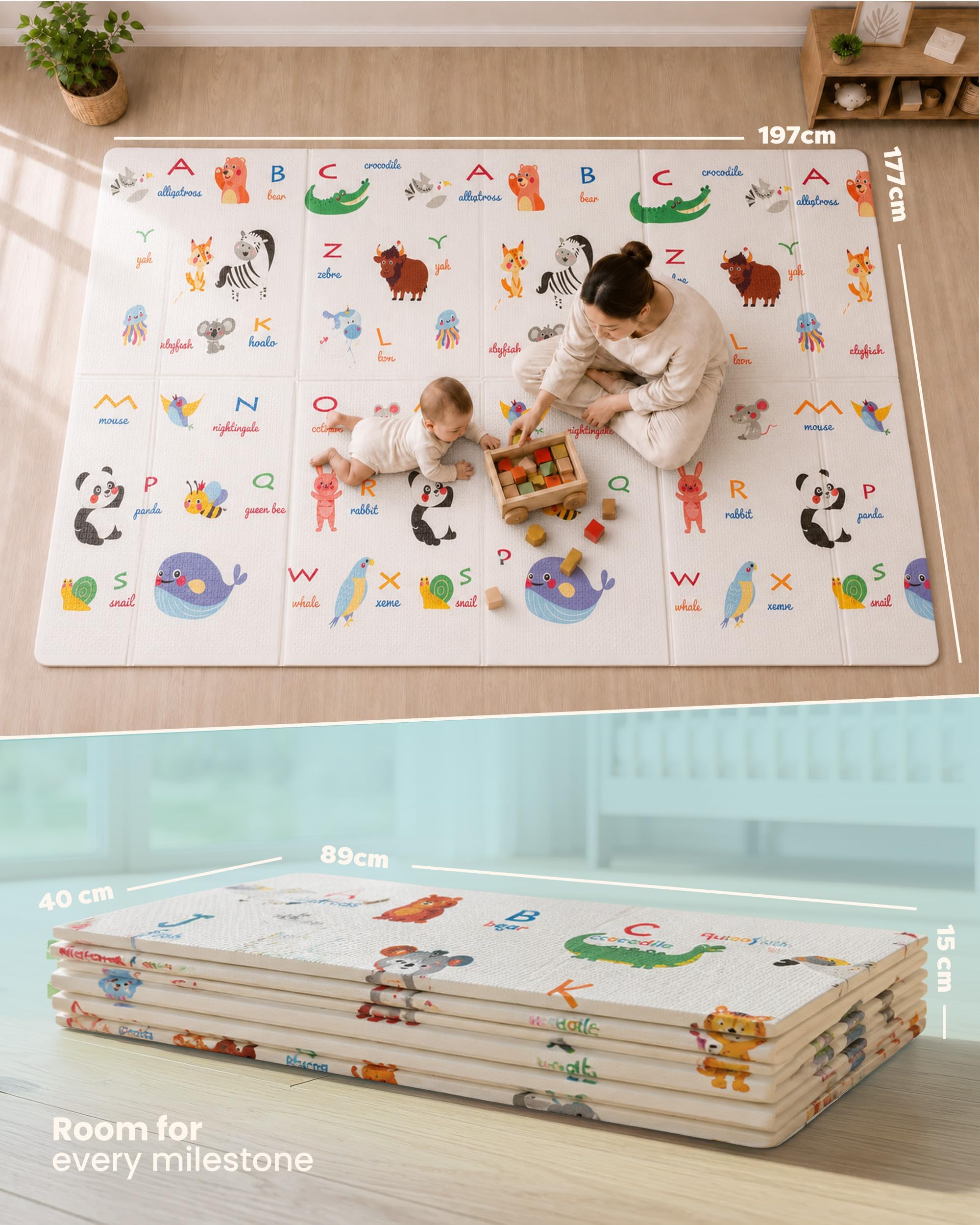 KIDOOLA Grand Tapis de Jeu réversible pour bébé | Doux pour bébé Rampant et Ventre | Tapis de Sol épais pour Enfants, Tout-Petits et bébés | Tapis de Jeu pour Sol dans crèche (Style 2)