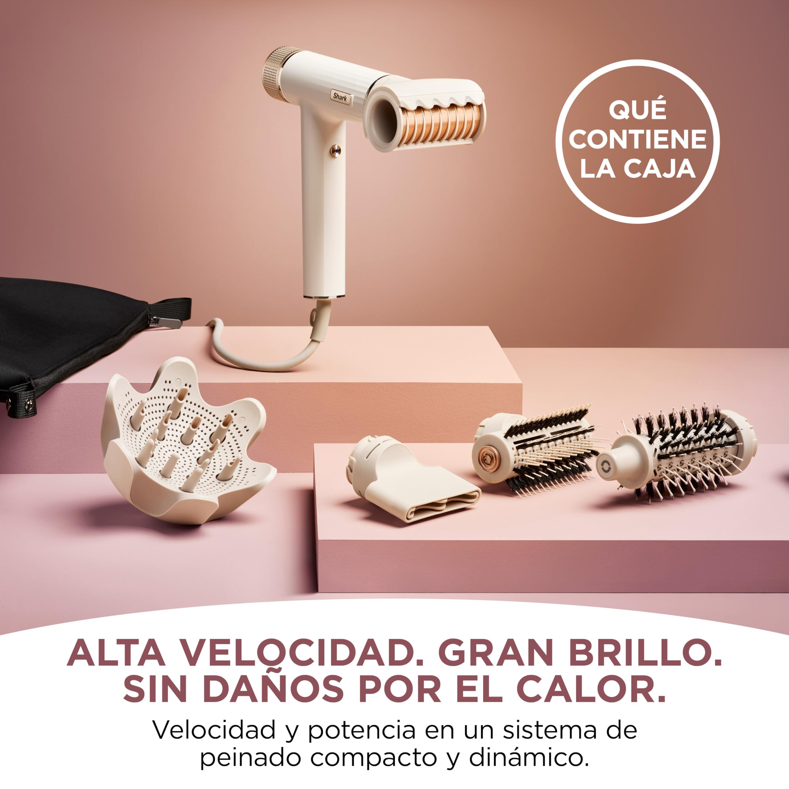 Shark SpeedStyle Secador de pelo y Rapid Gloss Finisher con bolsa de viaje, 5 moldeadores, para todo tipo de cabellos, secado rápido, sin dañar el cabello, ajustes automáticos, en blanco seda, HD352EU