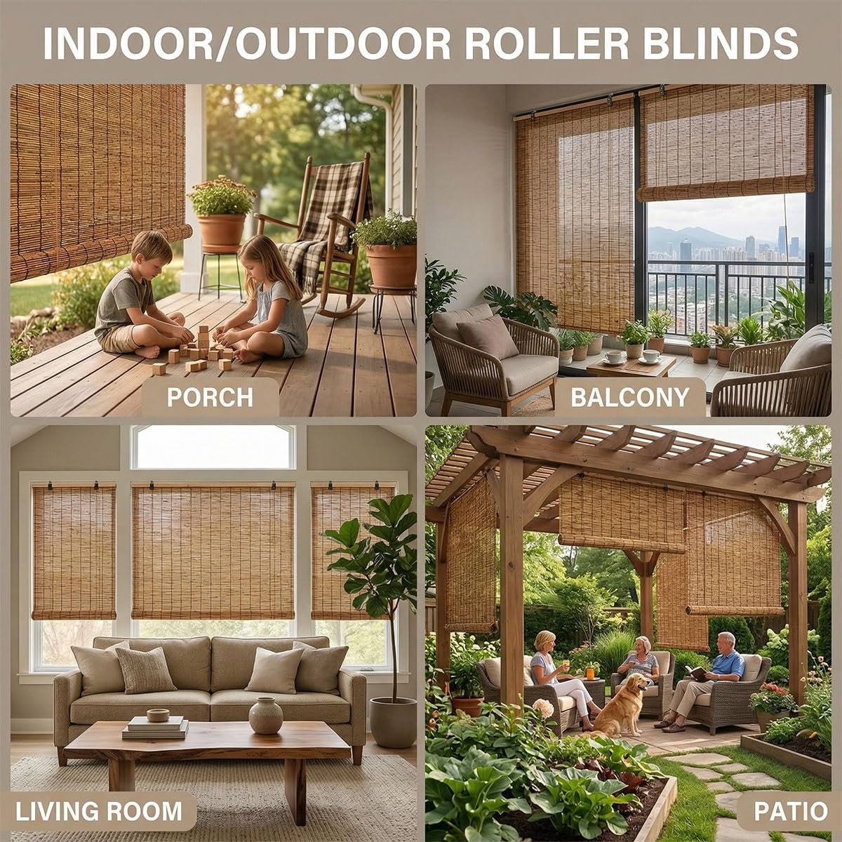 RETR Bambusrollo Outdoor Wetterfest, Sichtschutz Rollo für Balkon, Lichtfilternde Rollo Bambus für Garten, Sonnenschutz Bambus Jalousie Außen, Natur Schilf Vorhang(Natural,120 x 180 cm)
