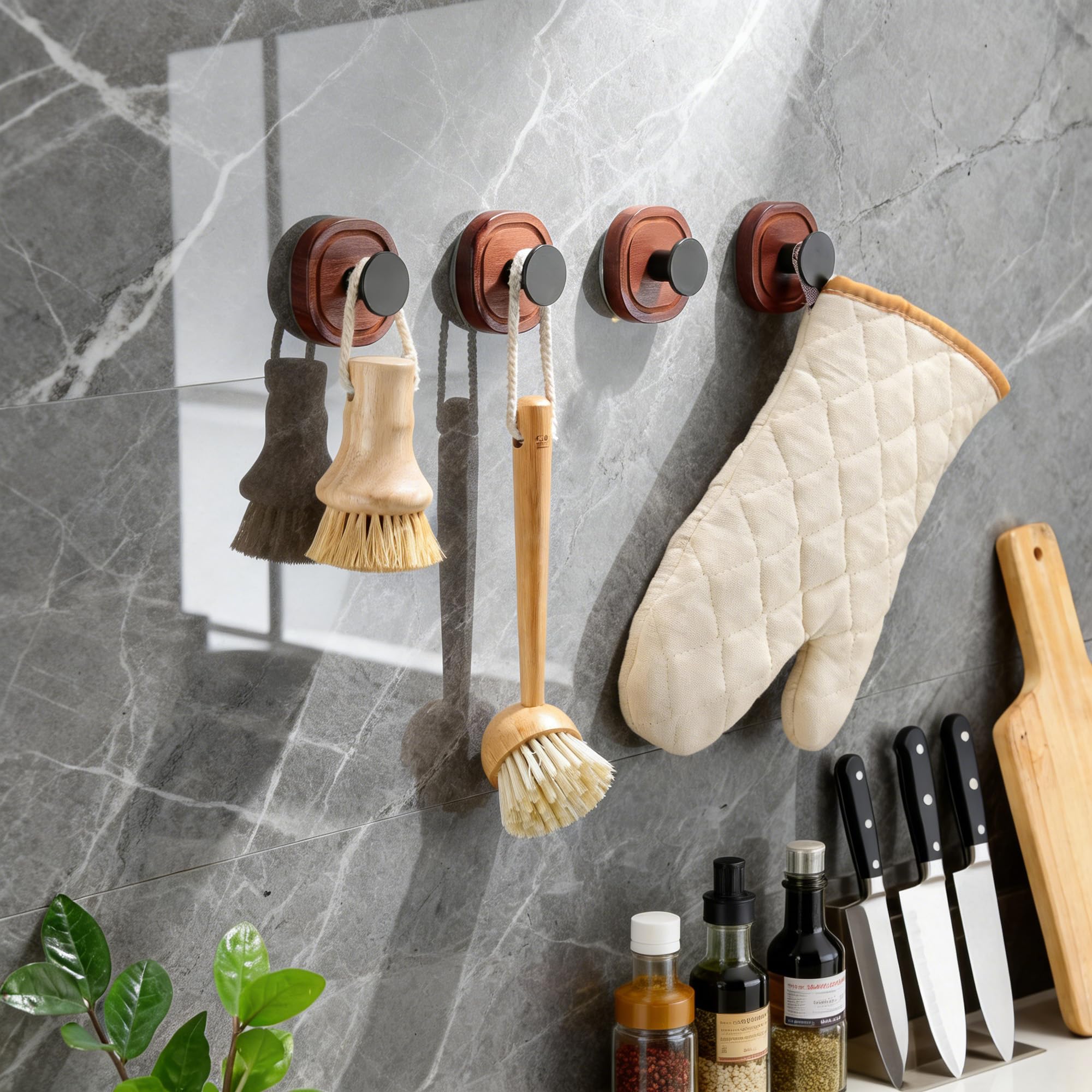 ZUNTO 4 Pezzi Ganci Ventosa Portasciugamani in Legno Gancio Appendiabiti da Parete per Bagno e Cucina