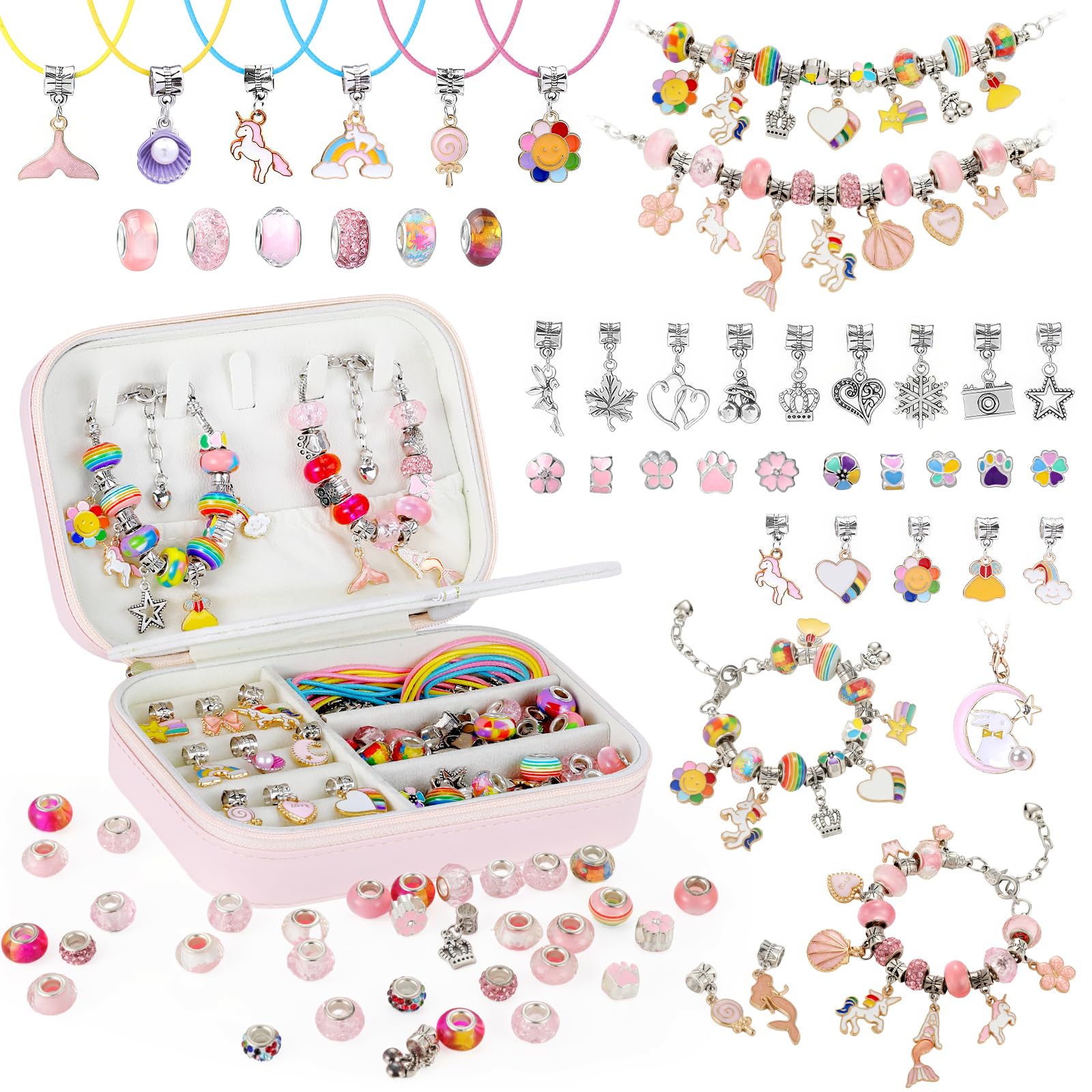 Emibele Ragazze Perline Charm Kit Braccialetti Con Scatola Gioielli Portatile, Kit Creazione Gioielli Per Bambini Età 5 6 7 8-12, DIY Artigianato Giocattoli Per Ragazze Regalo Per Compleanno Natale
