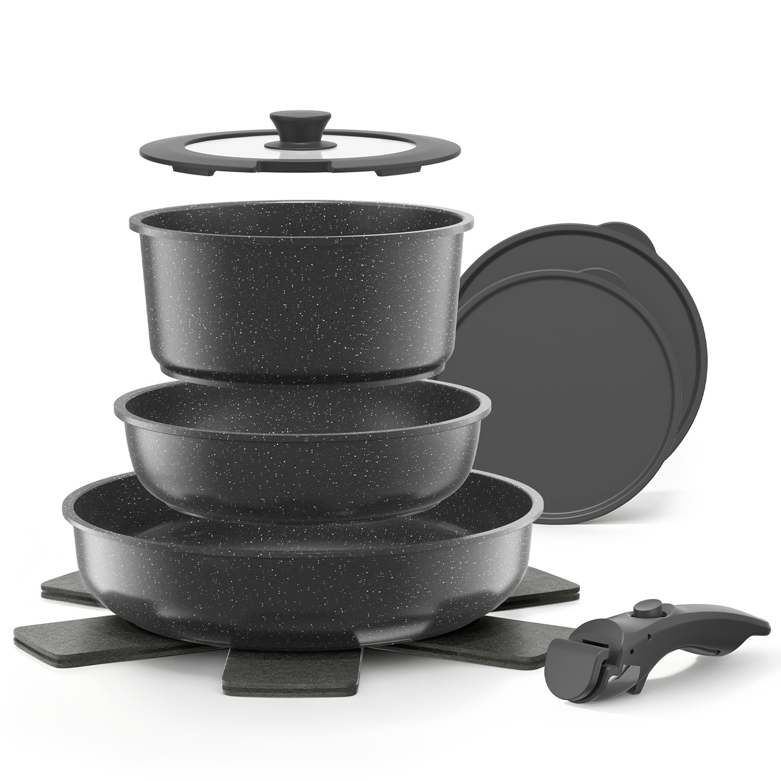 YASHE 9Pcs Granite Nonstick Pots and Pans Set, Stackable, Oven Safe
