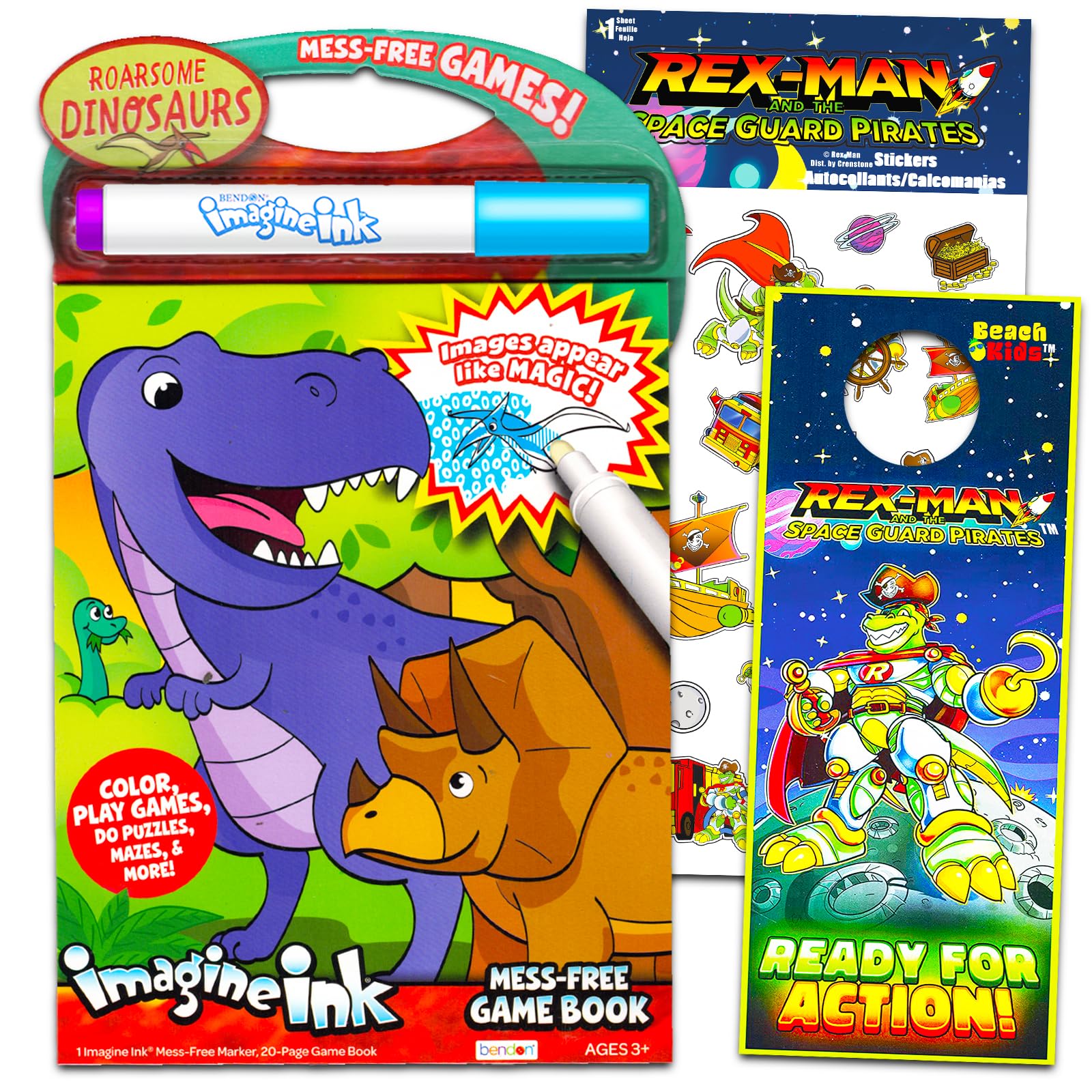 Dinosaur Imagine Ink Activity Pad - Bundle with 20 Page Dinosaur Mess-Free Imagine Ink Coloring Book, Stocking Stuffers for Boys, Toddlers 3+ Plus Stickers, More | Dinosaur Travel Toys for Toddlers