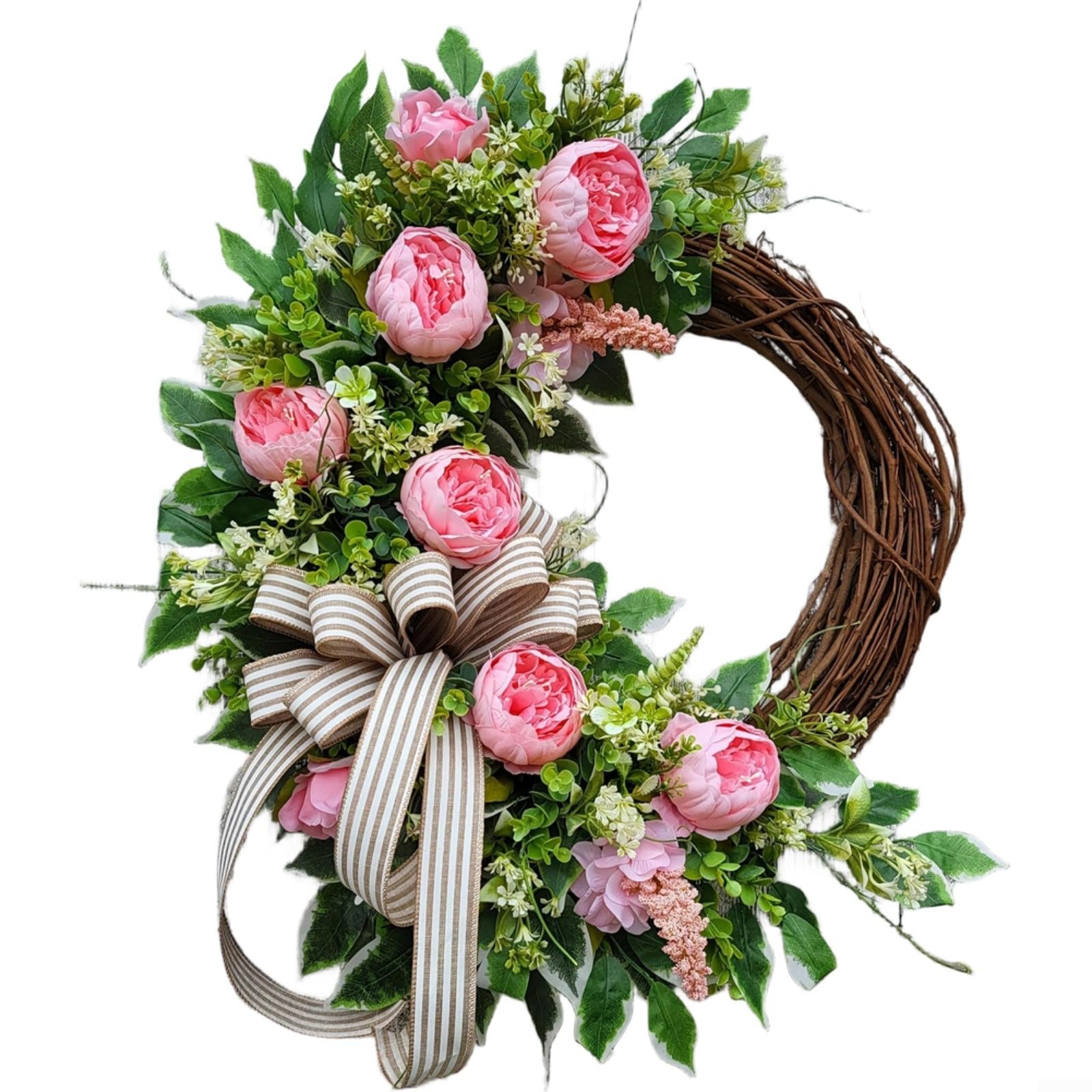 Couronne de pivoine rose de 40 cm pour décoration de porte et jardin