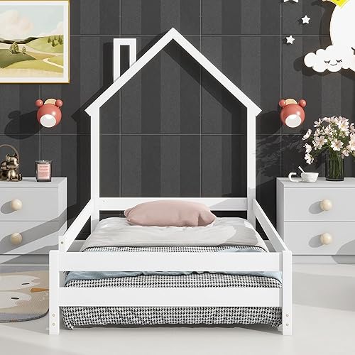 Miniatura 6 de Cama de madera de tamaño individual con cabecero en forma de casa con vallas, color blanco