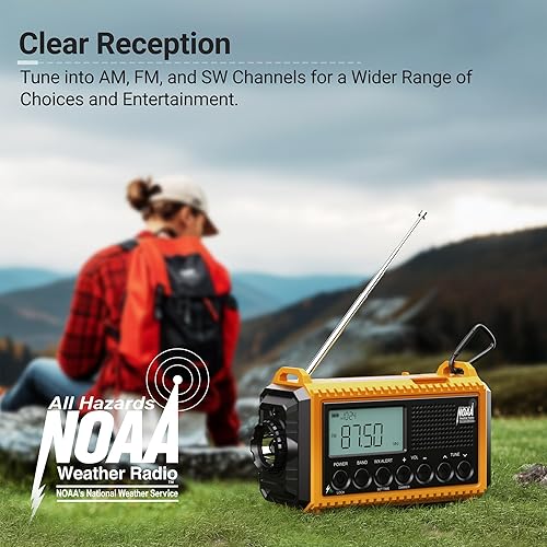 Miniatura 2 de Mesqool Radio de emergencia 12000, radio meteorológica digital automática NOAAAMFMSW, manivela de reserva de batería con cargador de teléfono