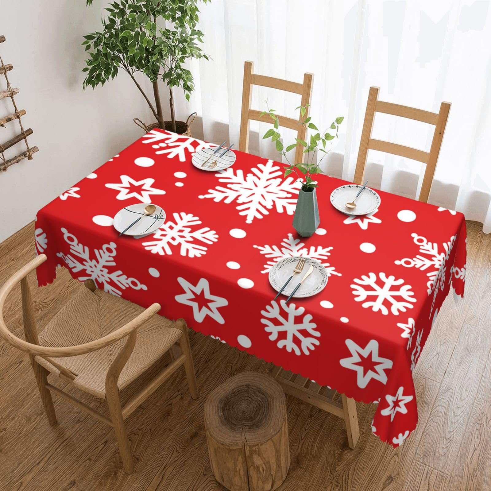 SMAZDFXX Christmas White Snowflakes Red 54 x 72in Table Cloth,Polyester Rectangle Tablecloth for Kitchen Dining