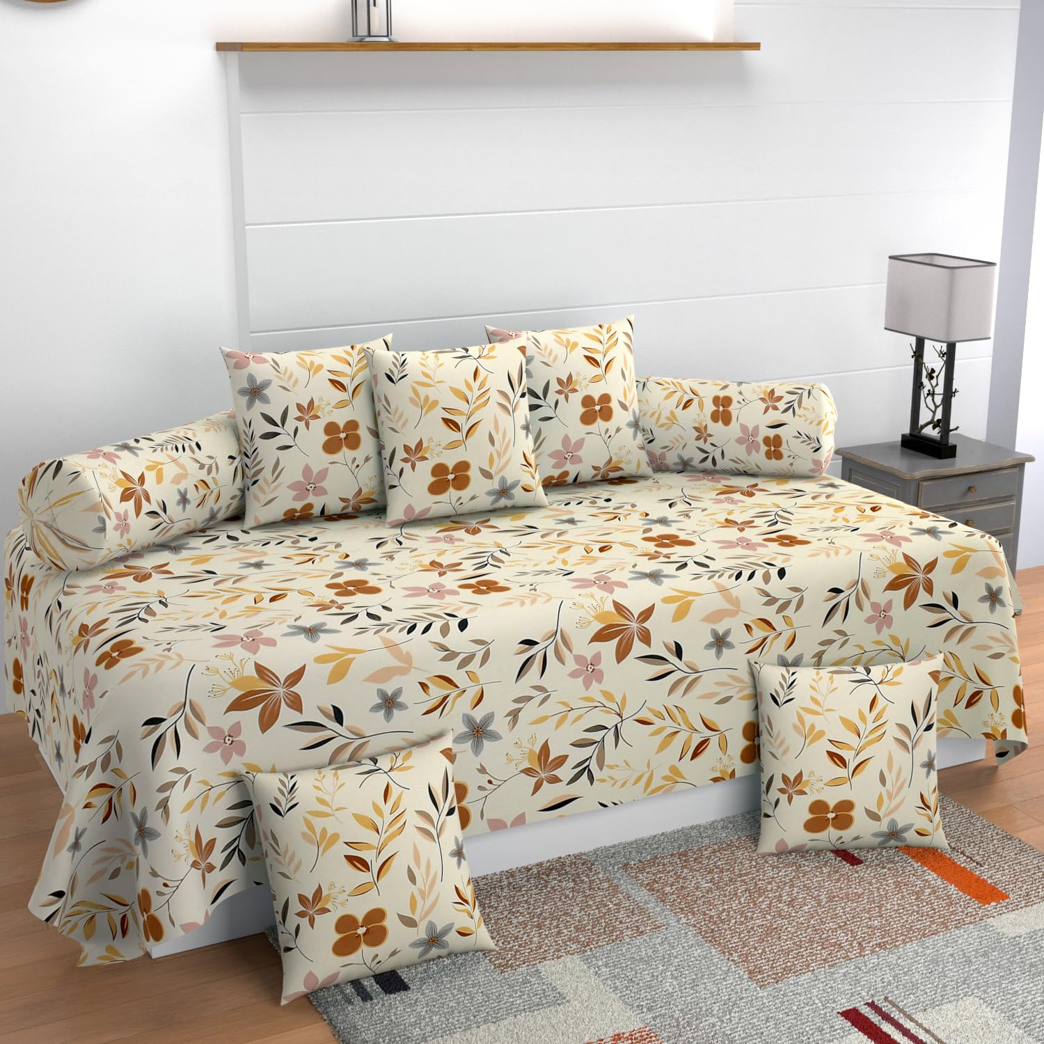 MANIQATEX Floral Print Diwan Set Cover with 5 Cushion Covers and 2 Bolsters, Cream and Brown-picture-13