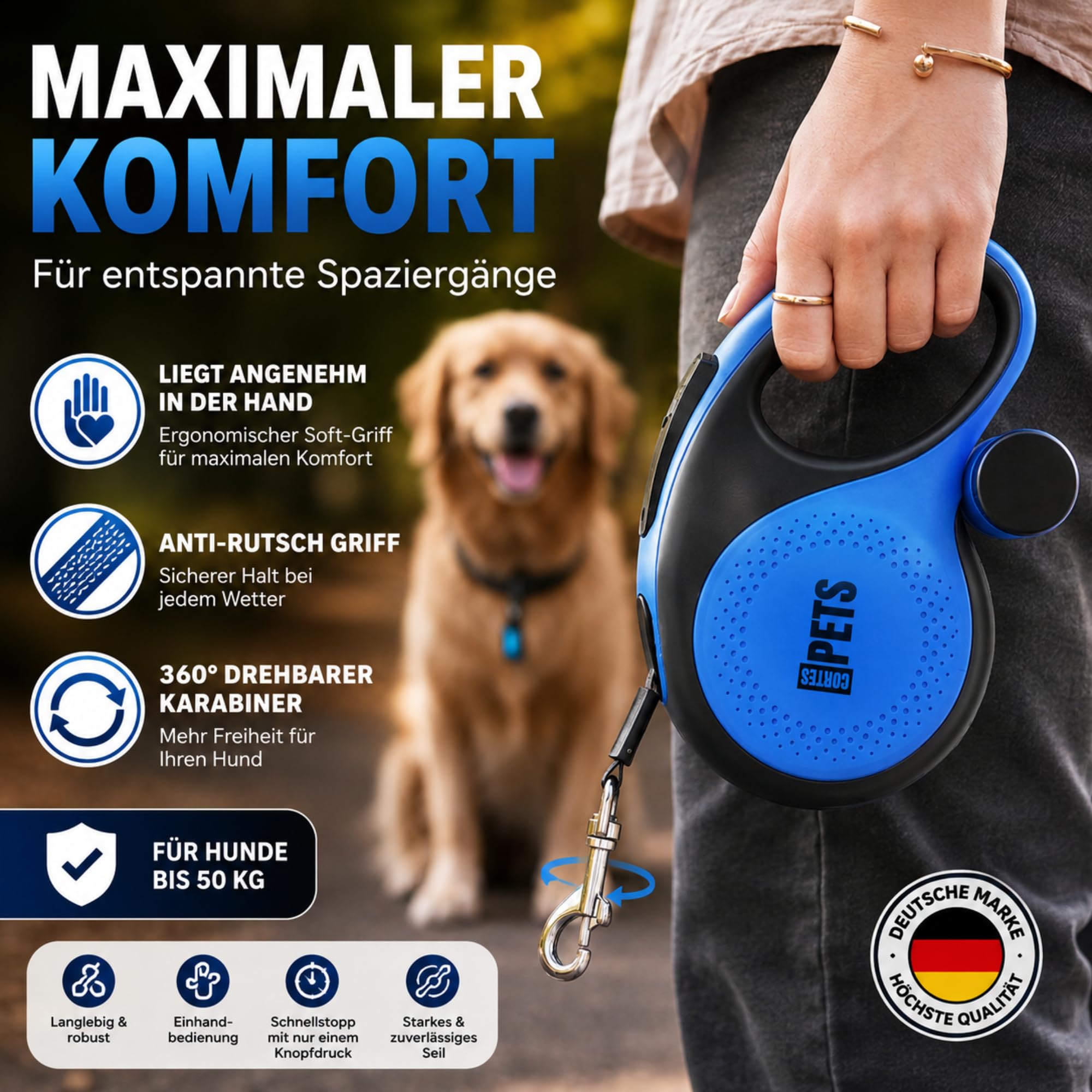 Guinzaglio per cani allungabile Retrattile 8m, con sacchetto per escrementi per canii fino a 50 kg, ideale per cani di taglia grande, media e piccola. (Blu, XL - 8m - fino a 50 kg)