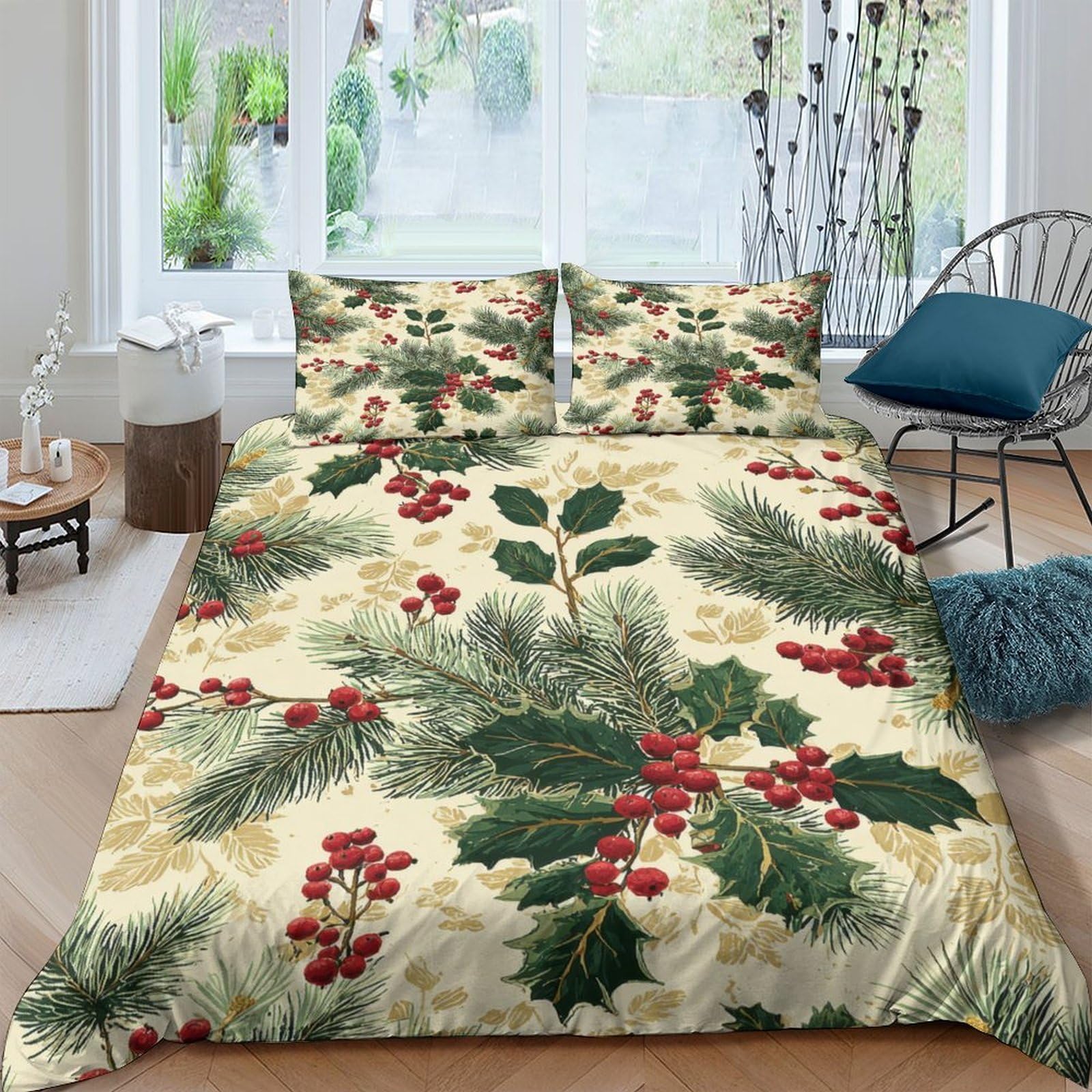 Ctjqhvkz Style-8 3D Printed Christmas Holly Fitted Sheet Microfiber Soft Red Berry Pine Bed Sheet For Bedroom Guest Room Decor Single（135X200cm）