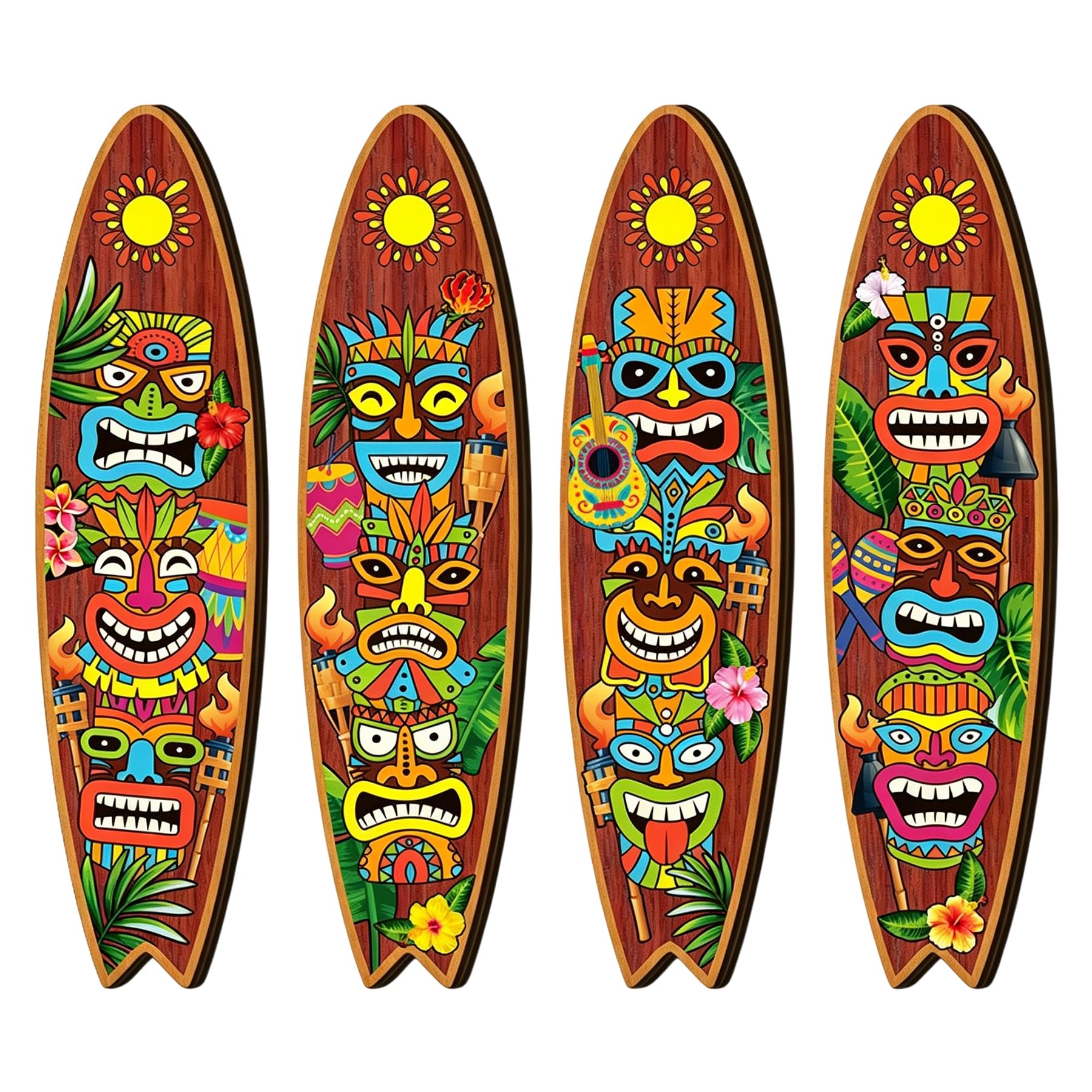 Wasise 4PCS Tiki Bar Accessories, Wooden Surfboard Wall Decor, Color