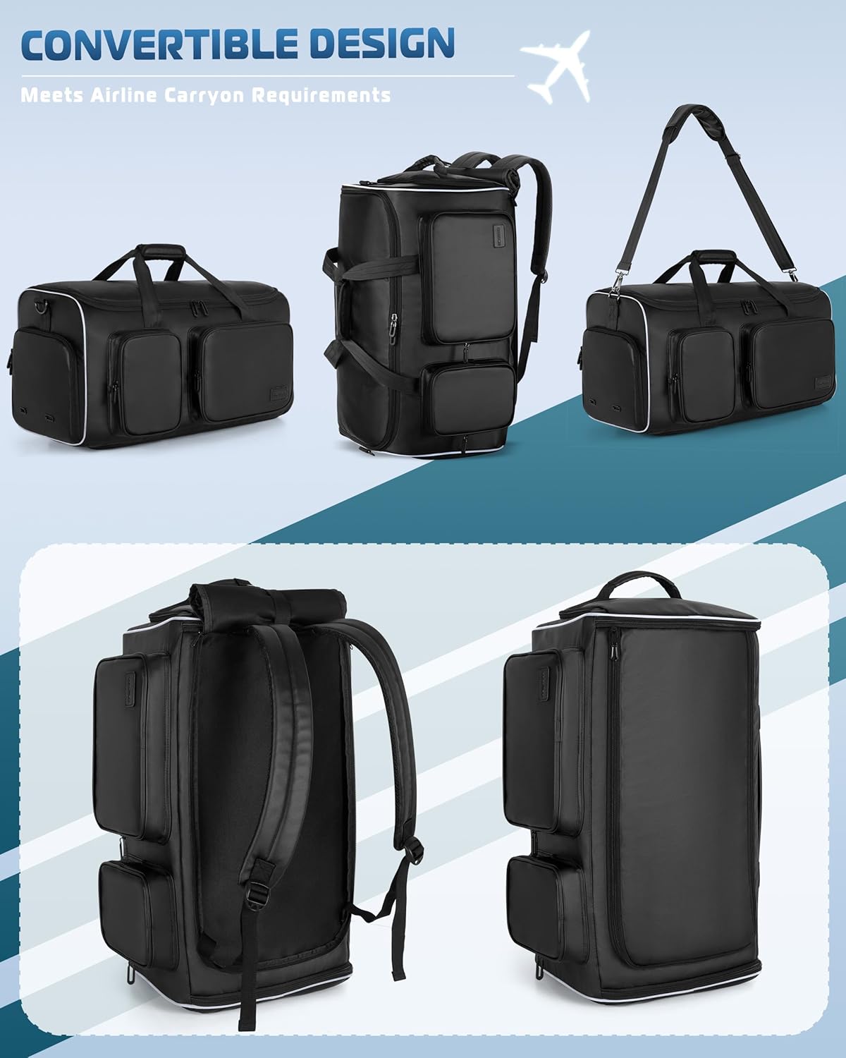 50L Convertible Garment Duffle Bag Backpack with Inner Removable Bag and Shoe Compartment, Travel Suit Bag for Business or Wedding Trips, Black - Image 8