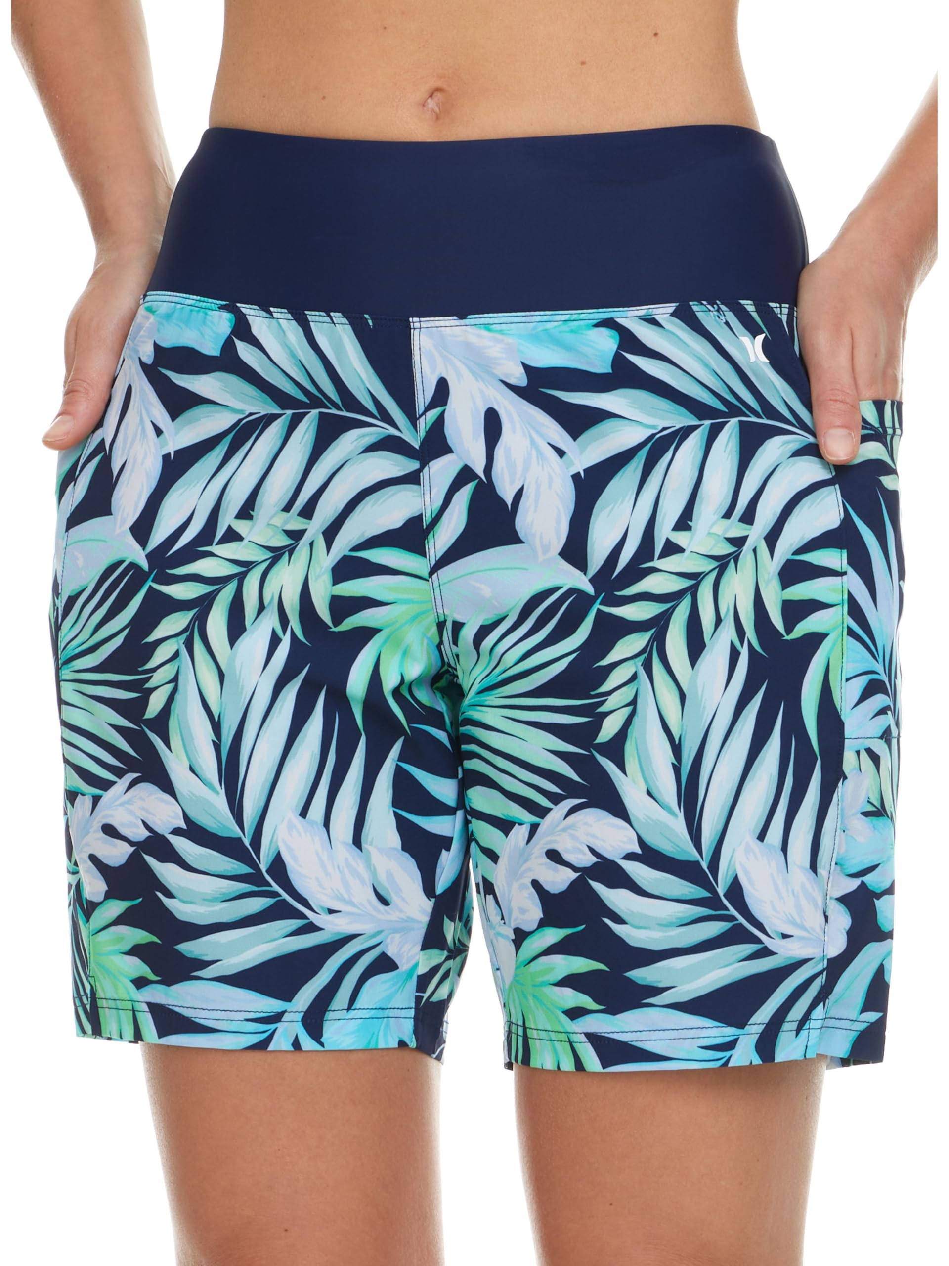 hurley 5"/7" high waisted swim shorts women, board shorts with pockets & inner liner, quick dry swim trunk, upf 50+ blue multi