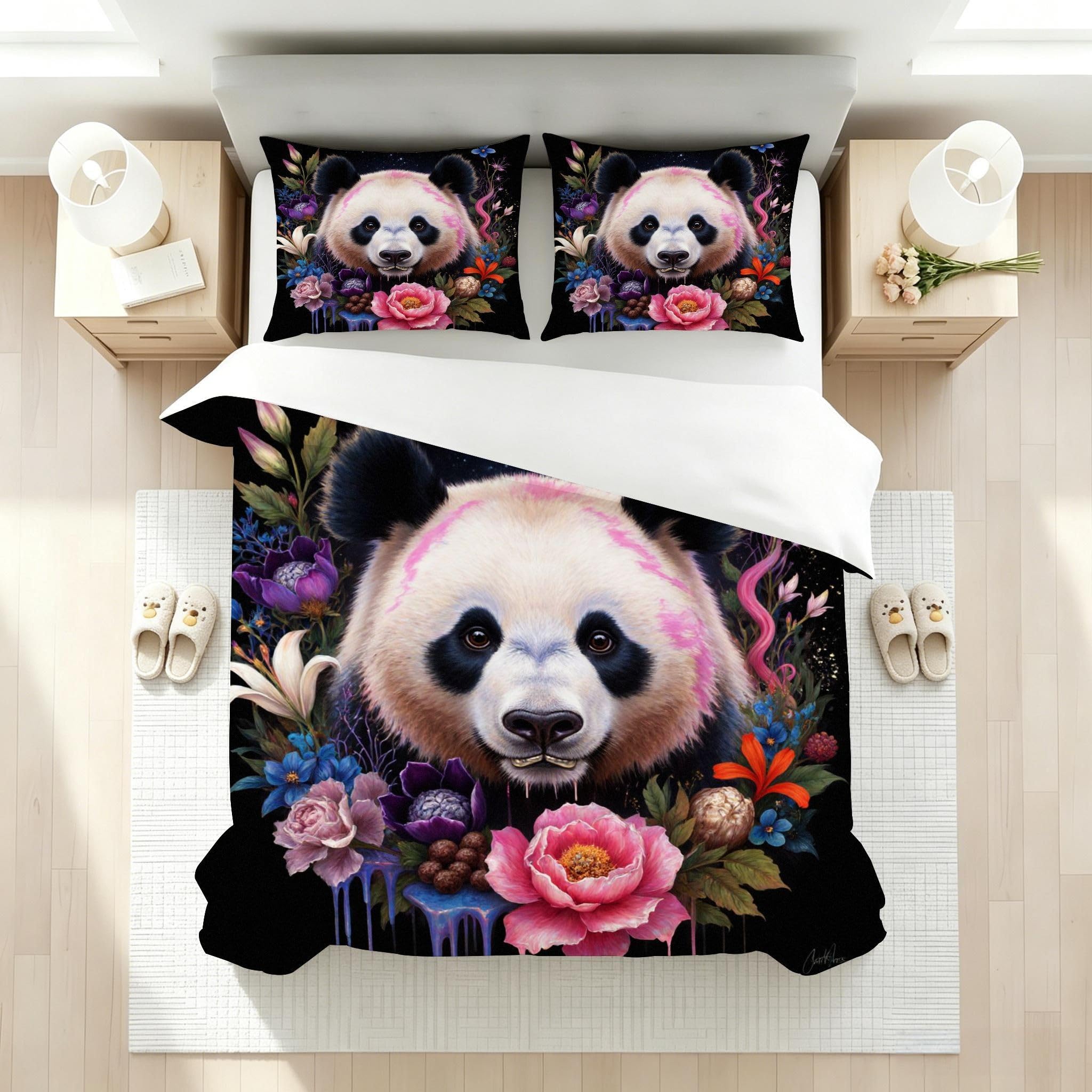 Funda Nordica Cama 150-220x240 Flores Animales Oso Panda, Juego de Ropa de Cama de Microfibra para Adultos, Funda de Edredón Cama 220x240 con Cremallera y 2 Funda de Almohada 50x75 cm_A19259
