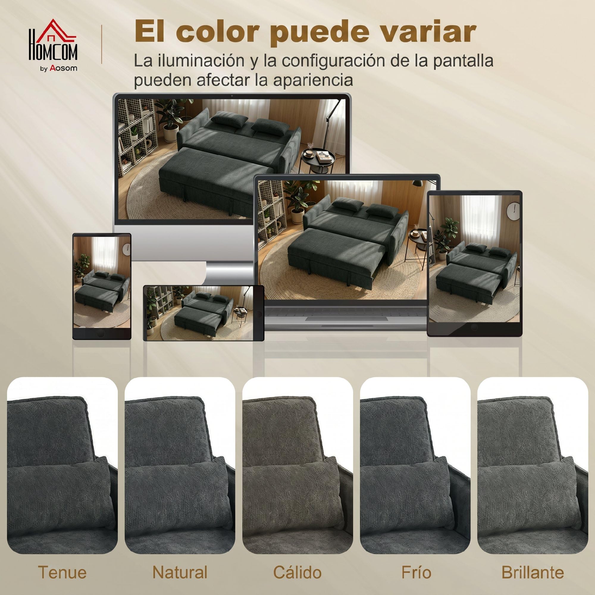 HOMCOM Sofá Cama 2 Plazas 3 en 1, Sofá Cama de Chenilla con Mesa Auxiliar, Portavasos, Respaldo Ajustable, Bolsillos Laterales, 2 Almohadas para Sala de Estar, Espacios Pequeños, Gris Oscuro
