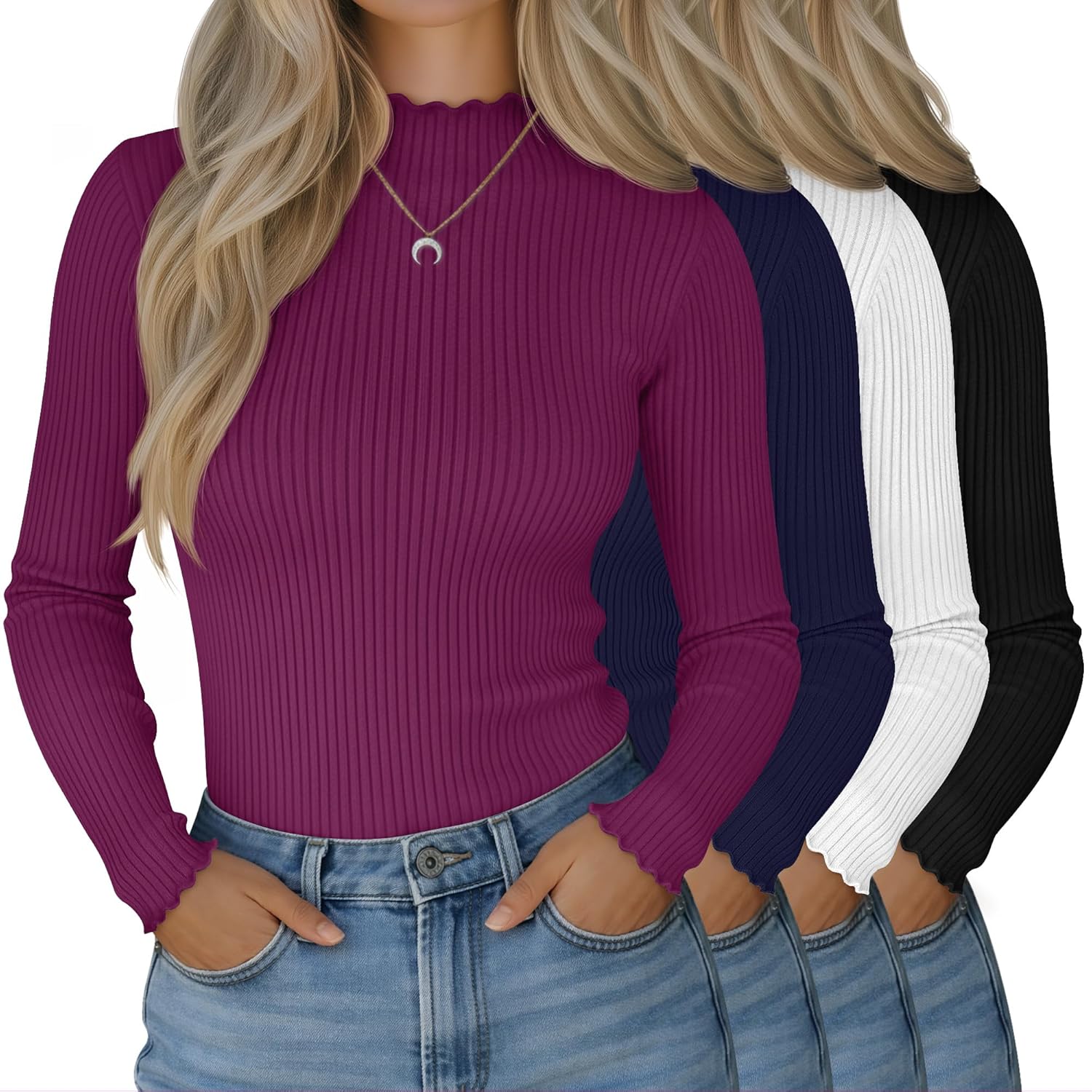 Neer 4 Pack Women's Mock Turtleneck Tops Cotton Long Sleeve Ribbed Lettuce Trim Shirts Slim Fit Casual Fall Basic Tees