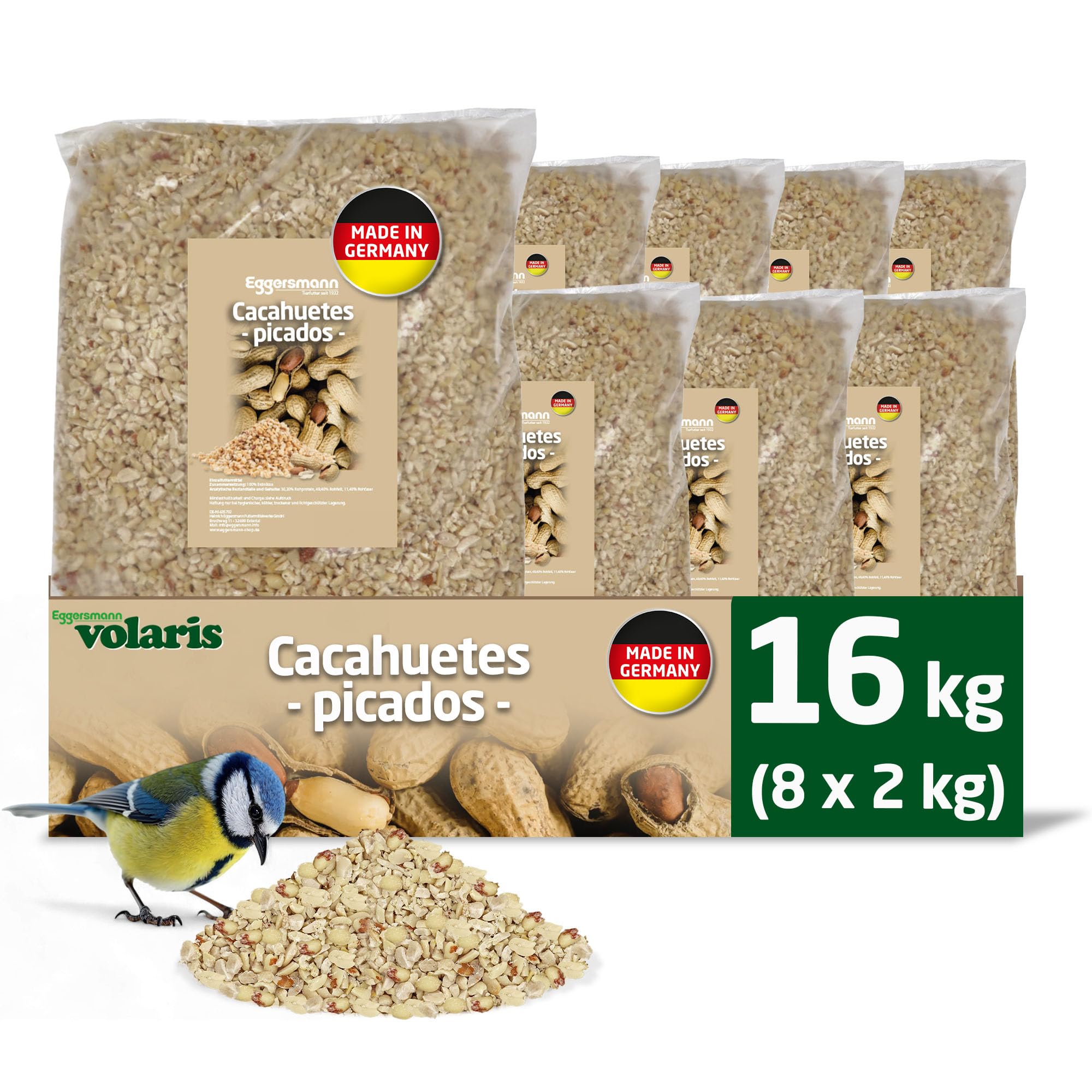 Eggersmann volaris Cacahuetes Picados 8 x 2 kg – Comida para Aves Silvestres con energía y proteínas – Núcleos de maní Picados Frescos y Naturales – Alimento para Aves Silvestres