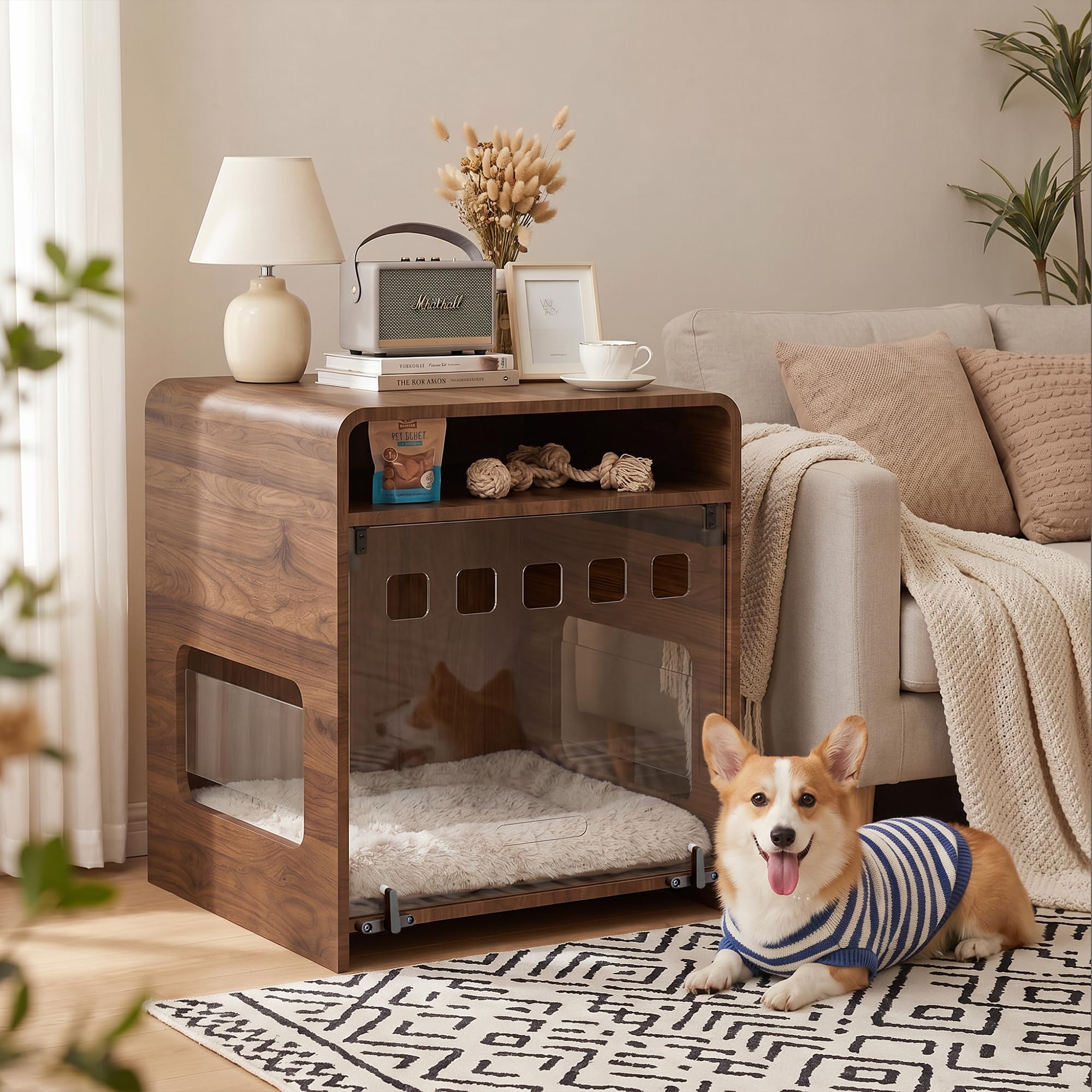 Hundebox für kleine Hunde, Hundekäfig Möbel mit Klapptür, Endtisch Hundekäfig mit Ablagefach, Indoor Haustierhaus für kleine mittelgroße Hunde, Holz Welpenhütte für Zuhause, Dunkles Holz