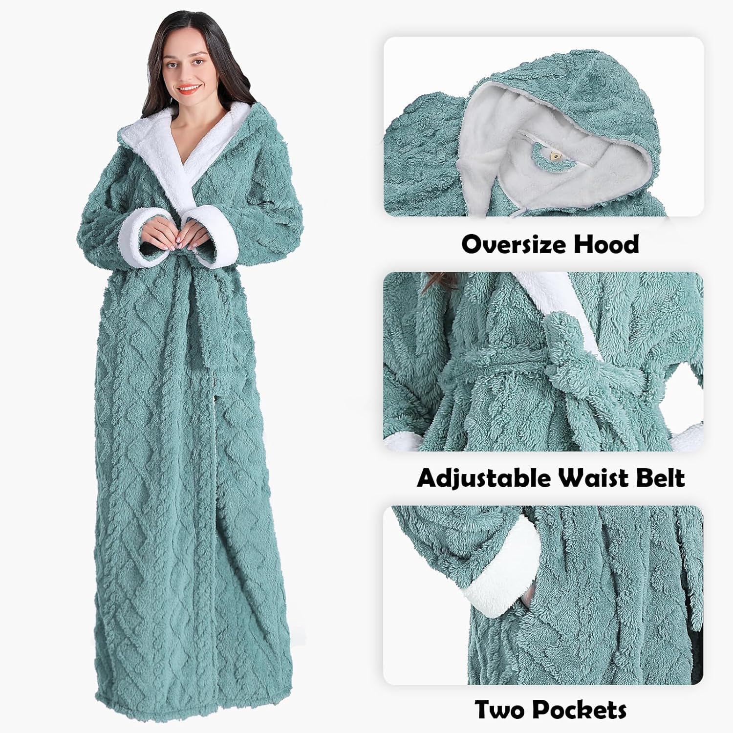 Oksun Womens Long Fleece Robe: Soft Fluffy Jacquard Warm Hooded Bathrobe - Image 5