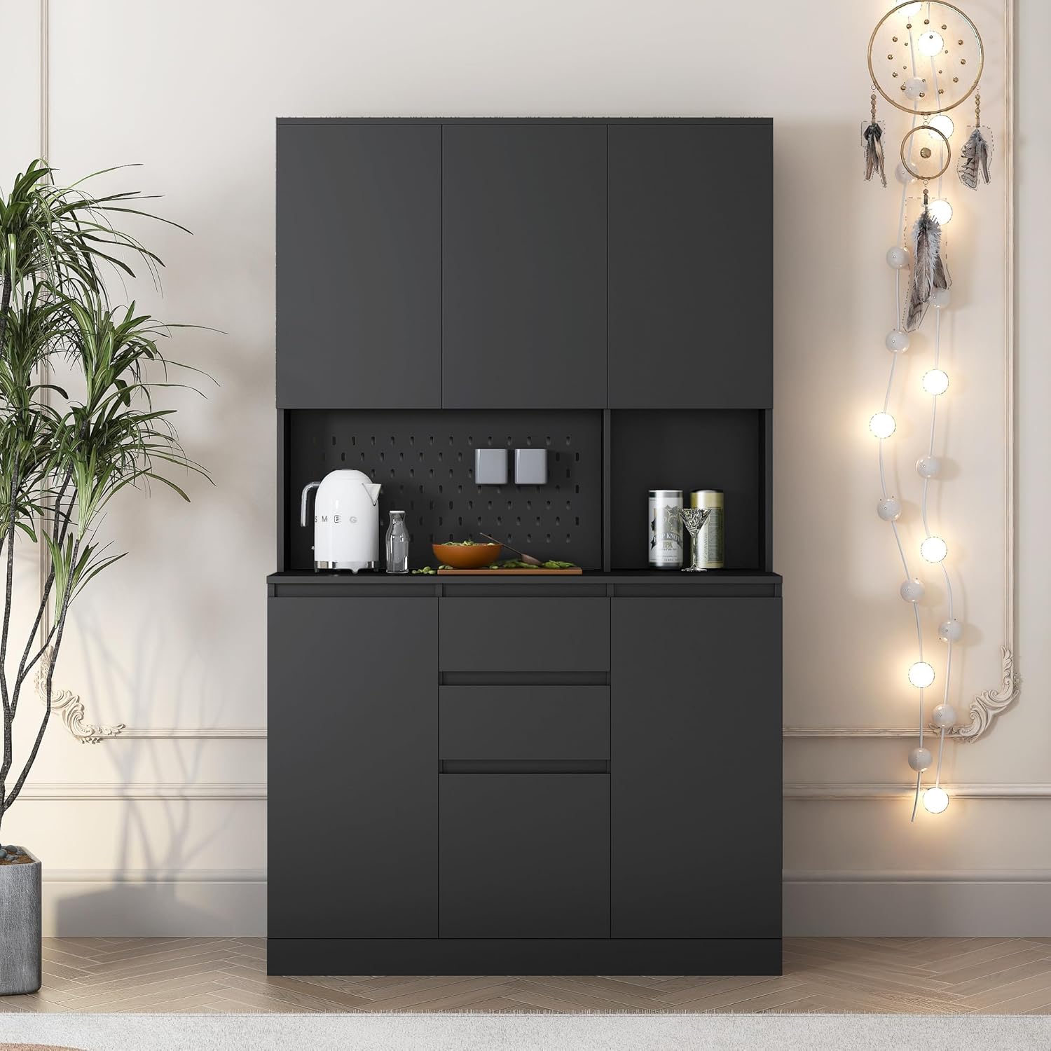 Holaki Kitchen Pantry Storage Cabinet,Modern Freestanding Pantry Cabinet with 6 Doors,5 Shelves and 2 Drawers,Versatile Buffets & Kitchen Cabinet,Craft Storage Cabinet for Living Room Kitchen(Black)