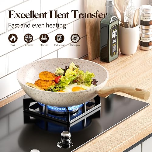 Miniatura 2 de Innerwell Juego de ollas y sartenes antiadherentes, 6 piezas de utensilios de cocina antiadherentes con asas de baquelita, granito blanco, no