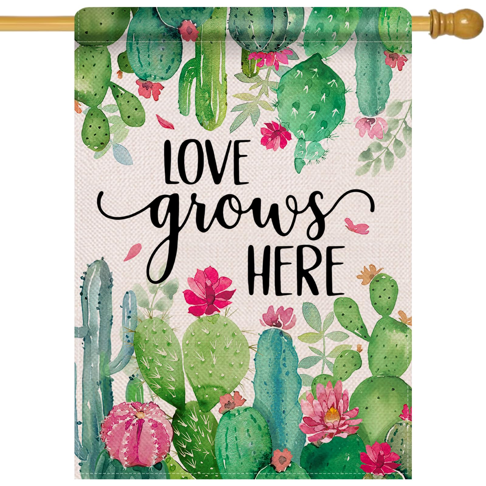 Artofy Spring Summer Love Grows Here Cactus Large Decorative House Flag, Green Succulent Plant Flower Yard Garden Outside Decor, Seasonal Burlap Outdoor Home Decoration Double Sided 28 x 40