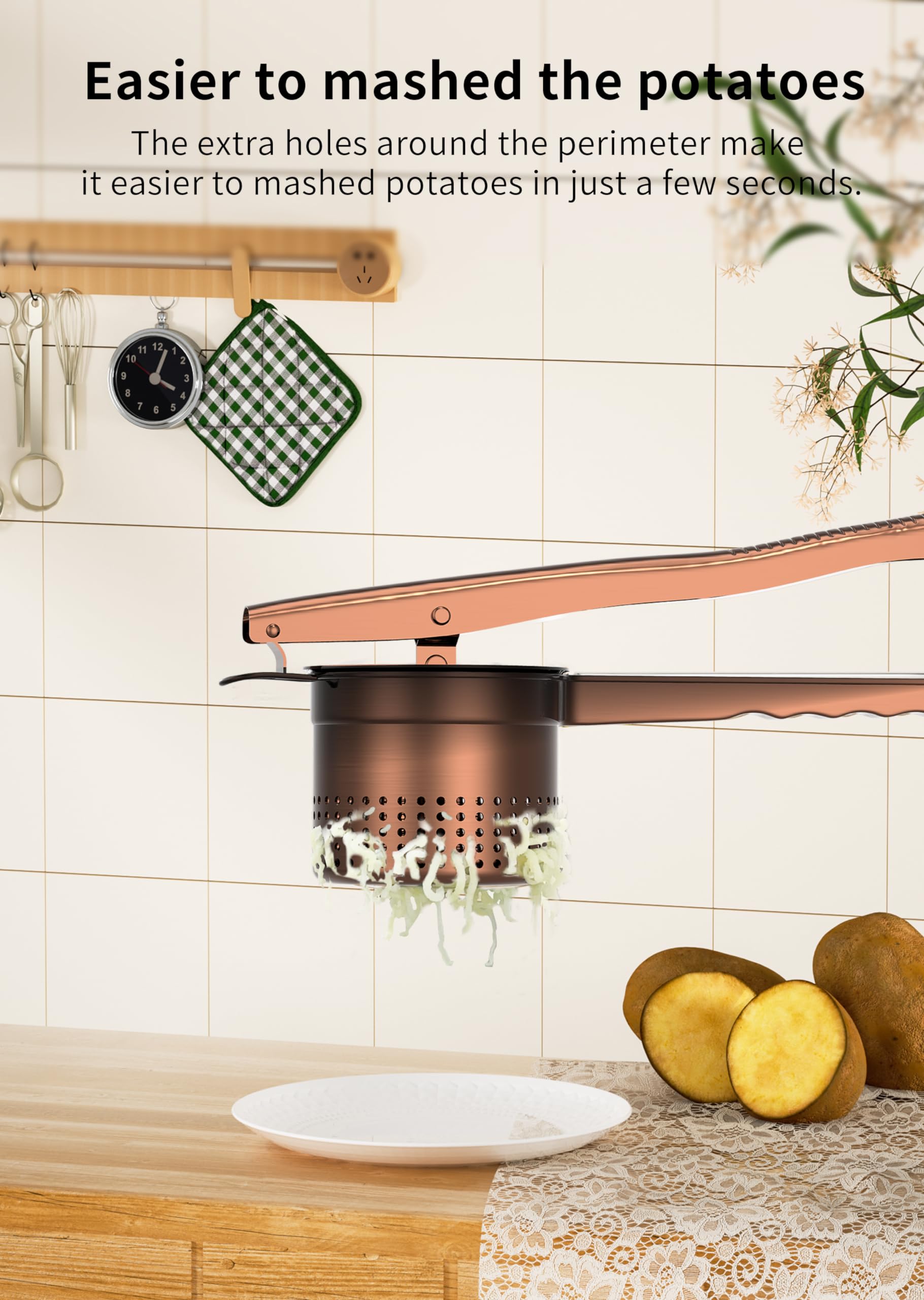 GloTika Großer Kartoffelstampfer mit ergonomischem Griff, Stampfer und Presse, Küchenwerkzeug für Kartoffelpüree, Nudelmaschine, 425 ml, bronzefarben