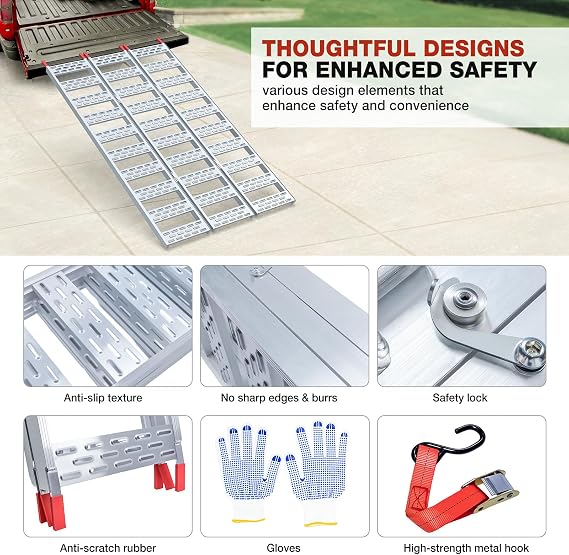 Aluminum Tri-Folding Truck Ramps 1600Lbs Max, Loading Ramps for Pickup Trucks Bed, Trailers Ramp with Load Straps for ATV/UTV, Sweeper Machine, Golf Carts, Touring Motorcycles, Small Tractor
