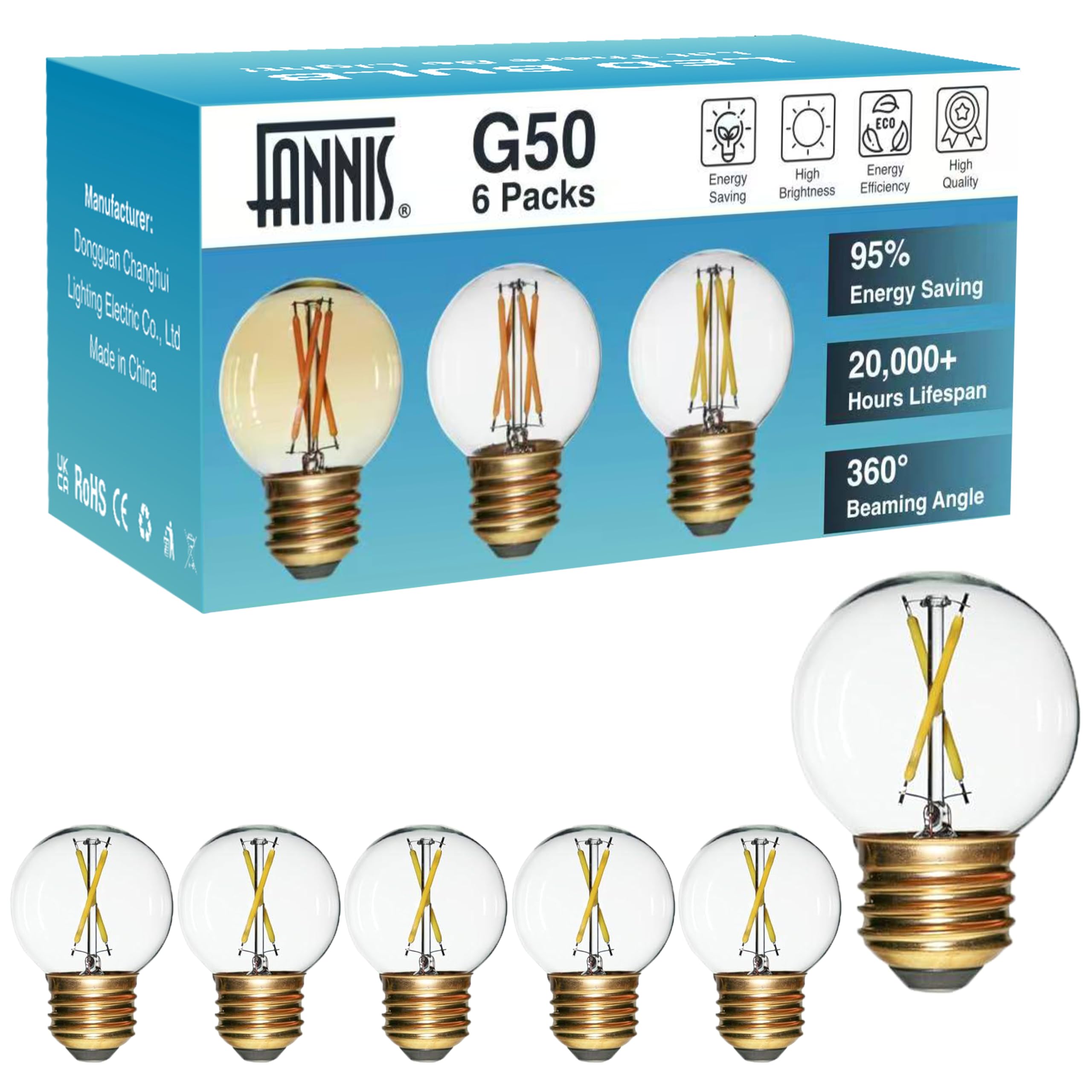 FANNIS 6Pack G50 Globe Light Bulbs, 20Watt Equivalent, E26 Base