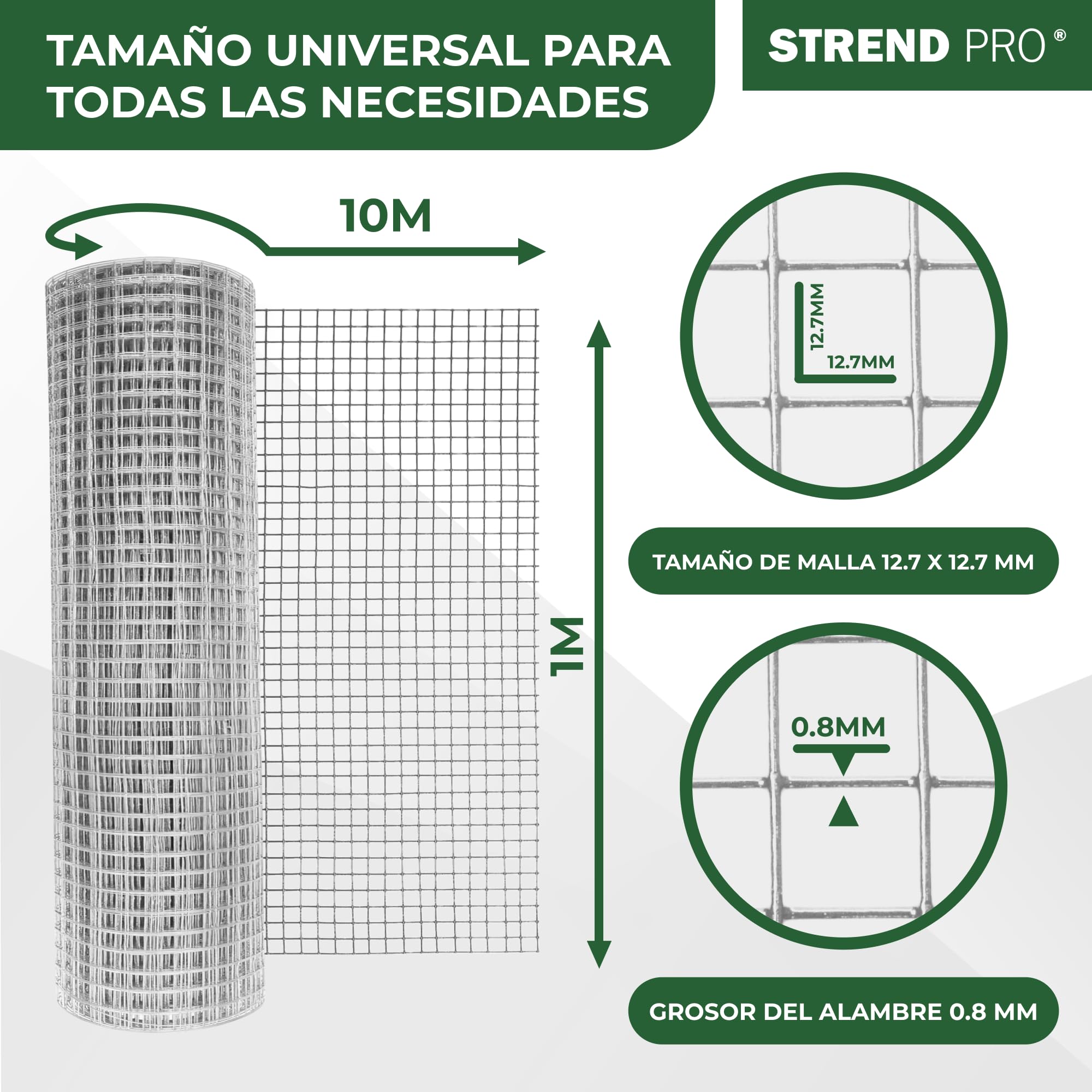 STREND PRO Malla Metálica | Soldada - Galvanizada | 1 m x 10 m | 0,8 mm, 12,7 x 12,7 mm | Malla Anti Topillos, Malla Conejos, Malla Liebres, Malla Pajareras | Malla Conejos, Gallinero