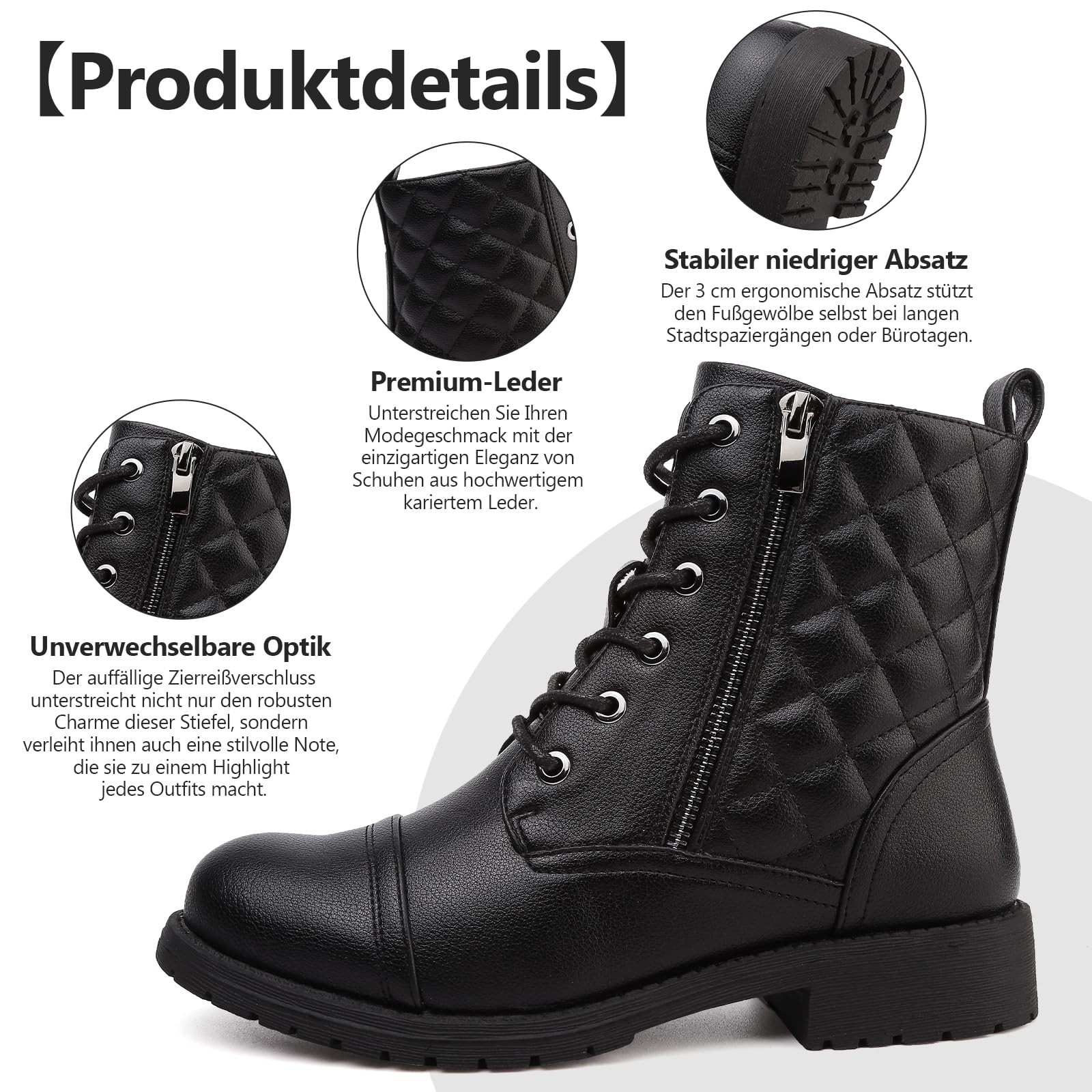 todaysunny Stiefeletten Damen Schnürstiefel Springerstiefel Schwarz Leder Wasserdichte Stiefeletten mit Reißverschluss Niedriger Absatz Schuhe Herbst Winter Combat Boots