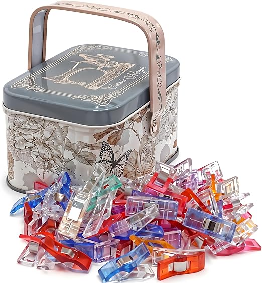 Performore Magik Clips, 100-Pack Multicolored Sewing Clips for Quilting & Crafts – Includes Decorative Butterfly Tin for Storage. Ideal for Precise Sewing, Fabric Holding, and Creative Craft Projects