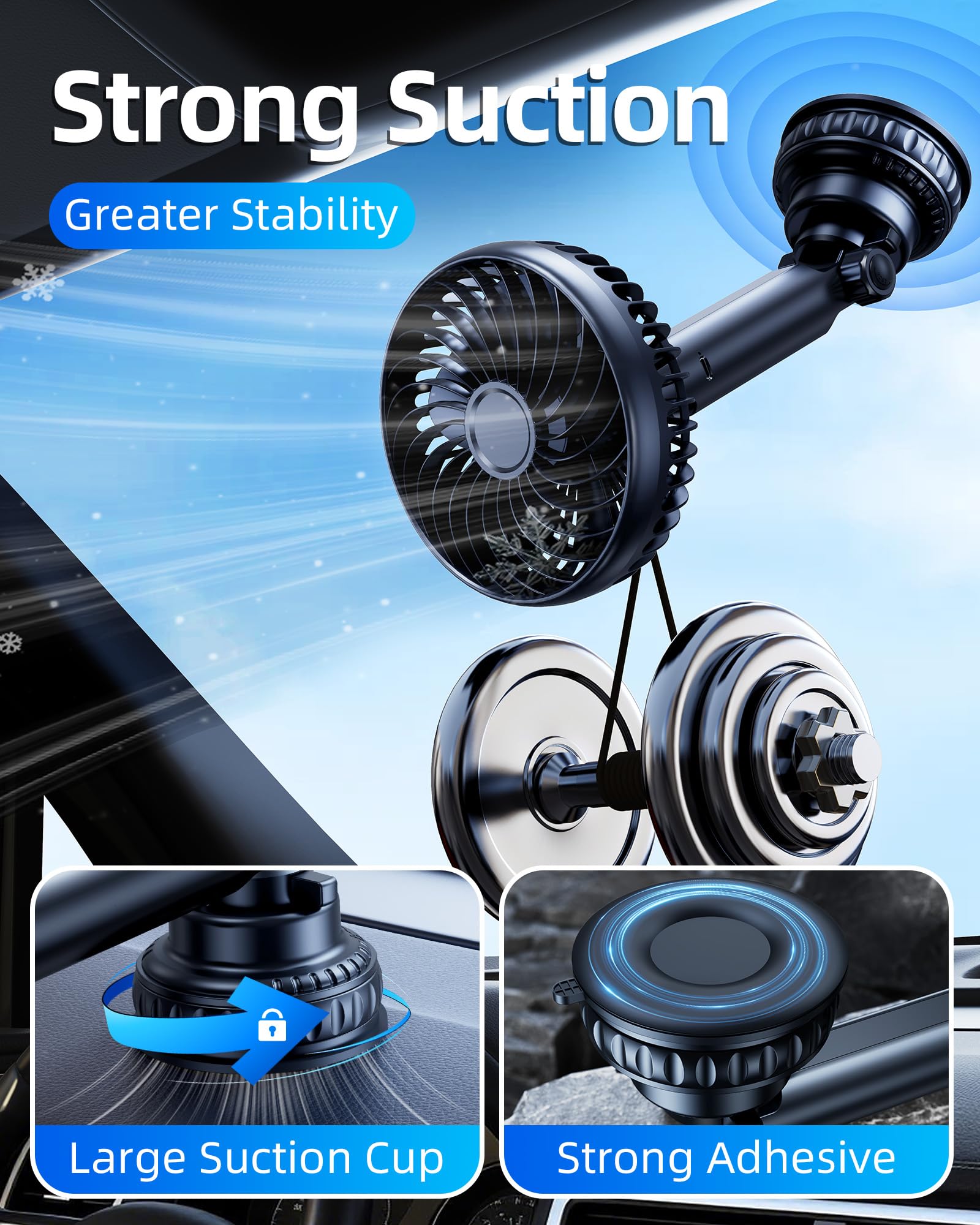 5000mAh Battery Powered Fan for Car Windshield Sunroof Dashboard Headrest - Portable Car Cooling Fan with 2 Detachable Bases for SUV Van RV Pickup Truck Camping Desk Kitchen Home - 4