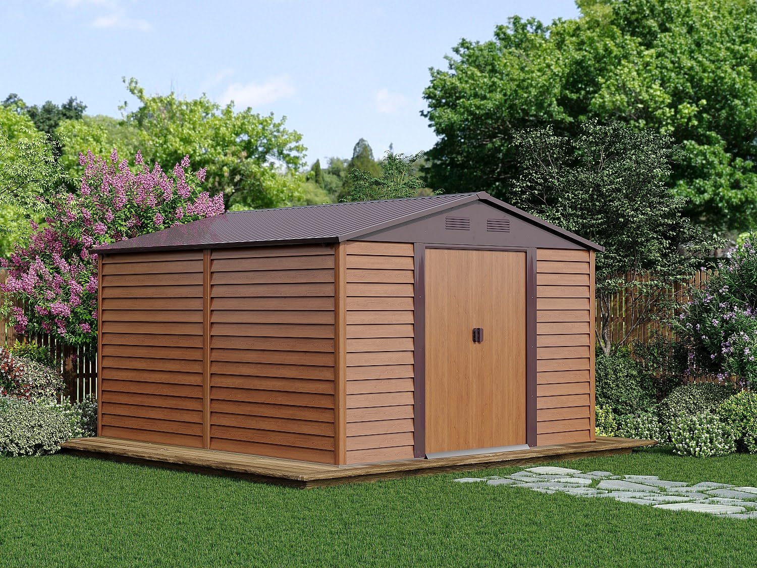 Vente-unique-Gartenhaus aus Metall, verzinkter Stahl, Holzoptik - 11,75 m² - ARSEGO