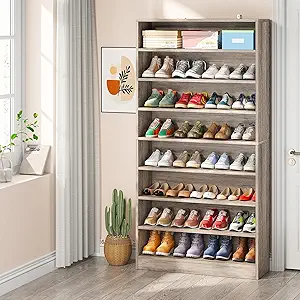 Tribesigns Tall Shoe Cabinet, 9 Tiers 40-45 Pairs Heavy Duty Wood Freestanding Shoe Storage Cabinet, 70.8'' Tall Shoe Cabinet with Open Storage for Entryway (Beige Gray)